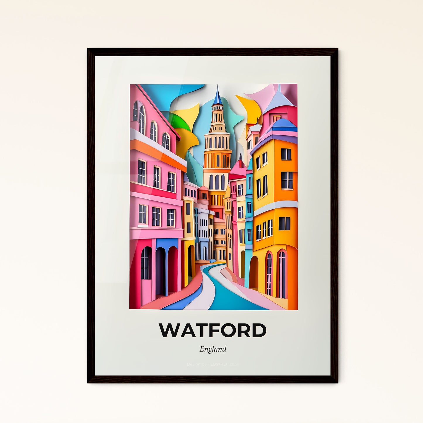 Vivid Watford, England - a painting of a city street with a clock tower