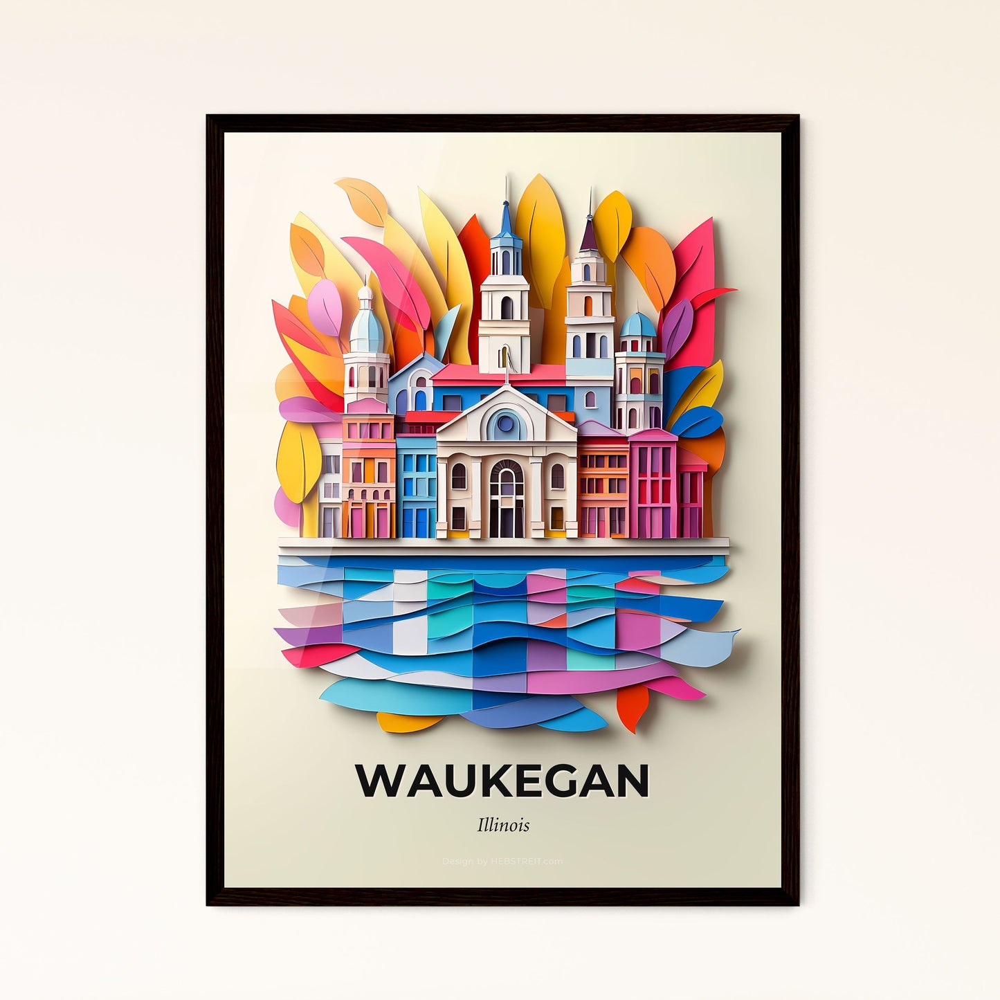 Vivid Waukegan, Illinois - a paper cut of a church with a rainbow colored background