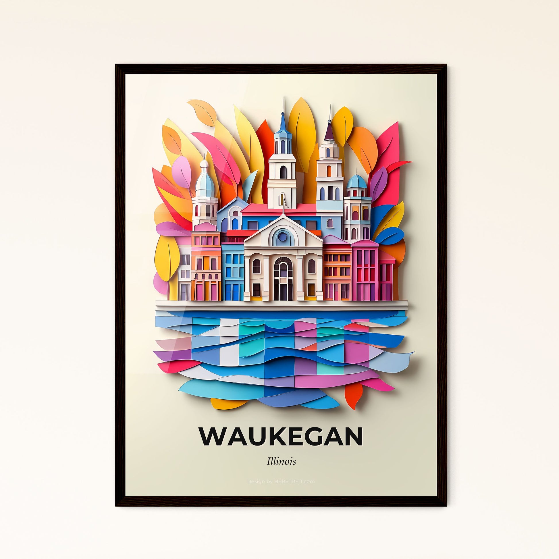 Vivid Waukegan, Illinois - a paper cut of a church with a rainbow colored background