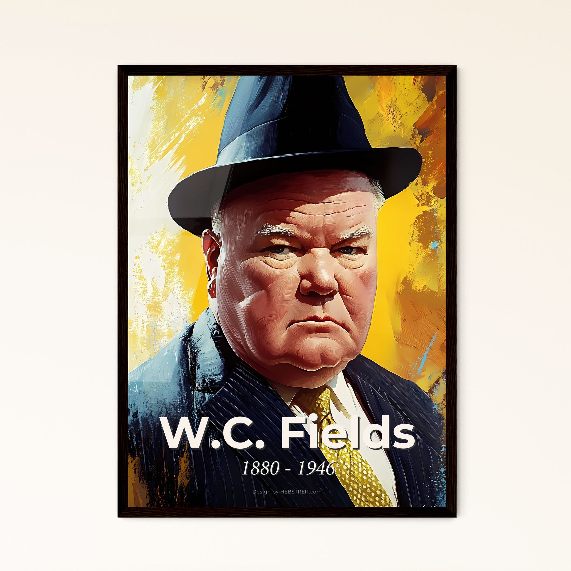 Portrait of W.C. Fields, 1880 - 1946. Impressionistic painting of a man in a suit and hat.