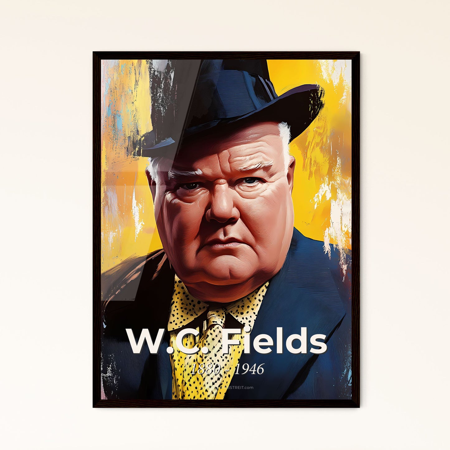 Portrait of W.C. Fields, 1880 - 1946. Impressionistic painting of a man wearing a hat and suit.