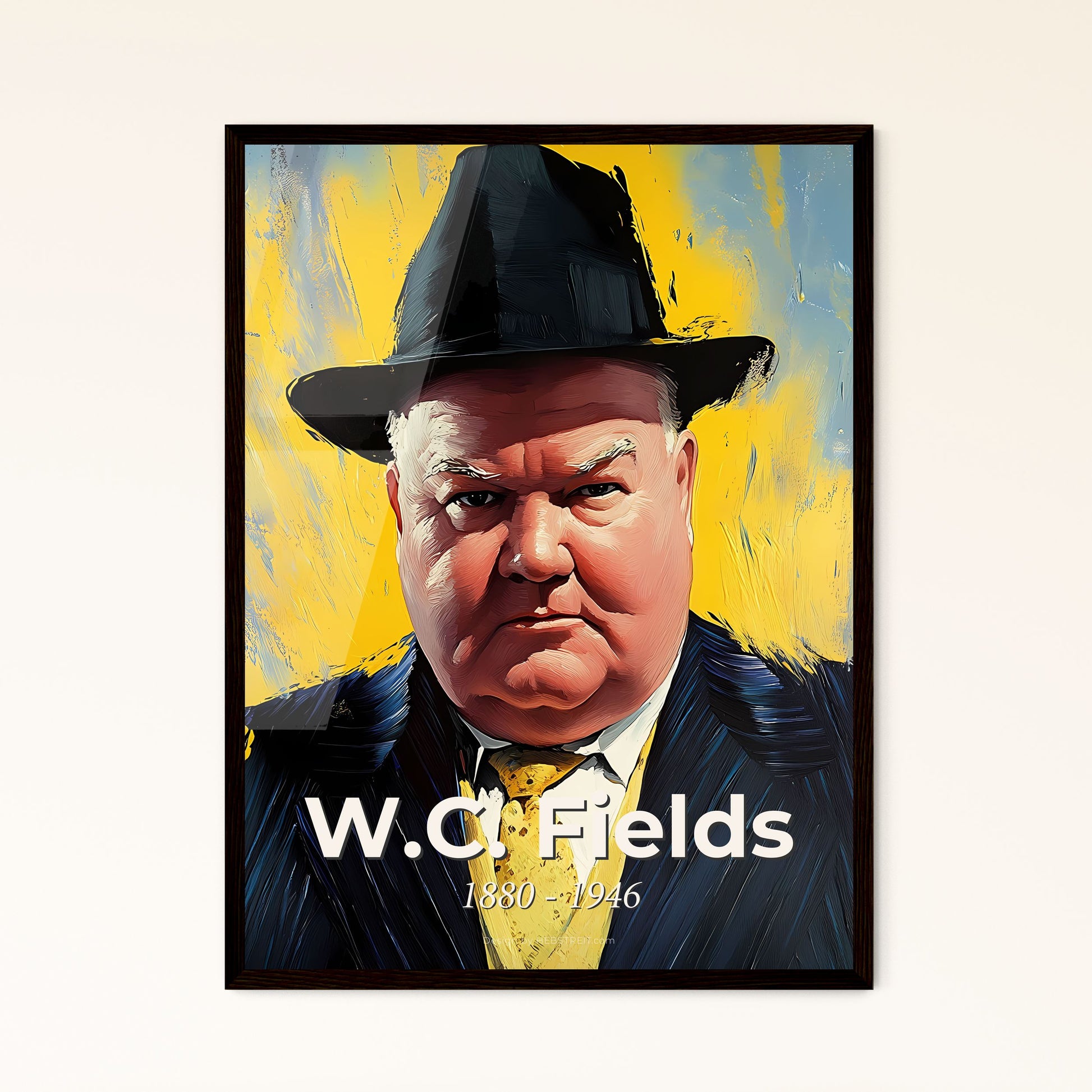 Portrait of W.C. Fields, 1880 - 1946. Impressionistic painting of a man in a suit and hat.