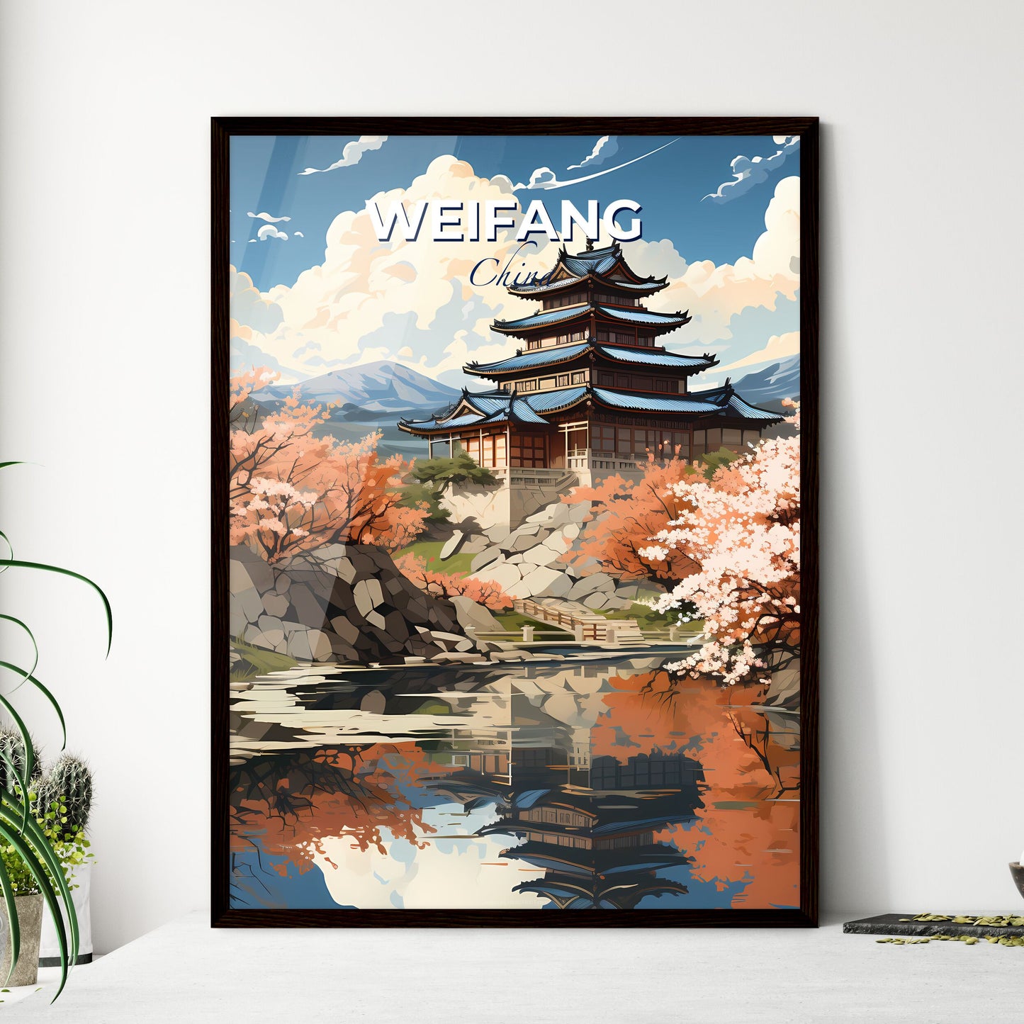 Colorful Chinese Pagoda Skyline with Cherry Blossoms and Pond Brush Painting Default Title