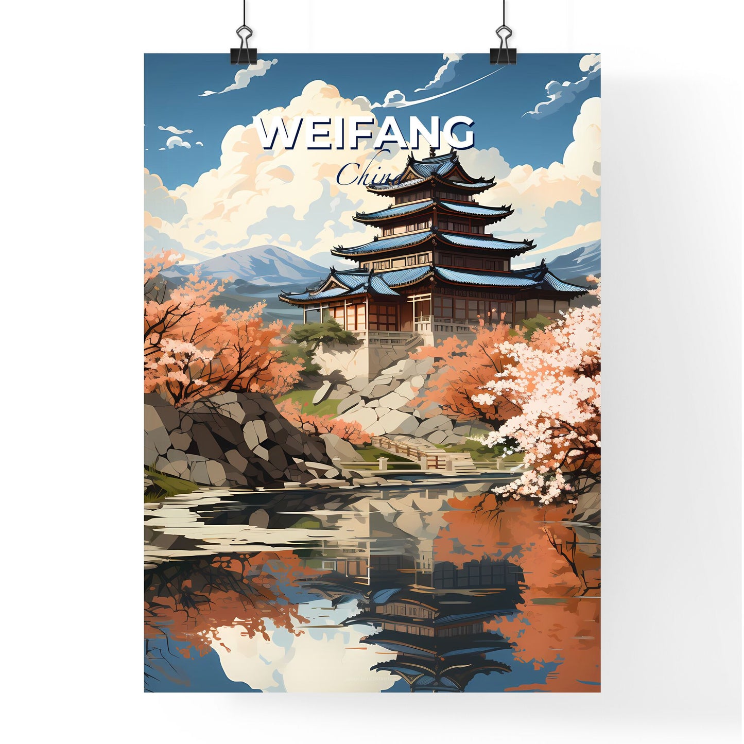 Colorful Chinese Pagoda Skyline with Cherry Blossoms and Pond Brush Painting Default Title