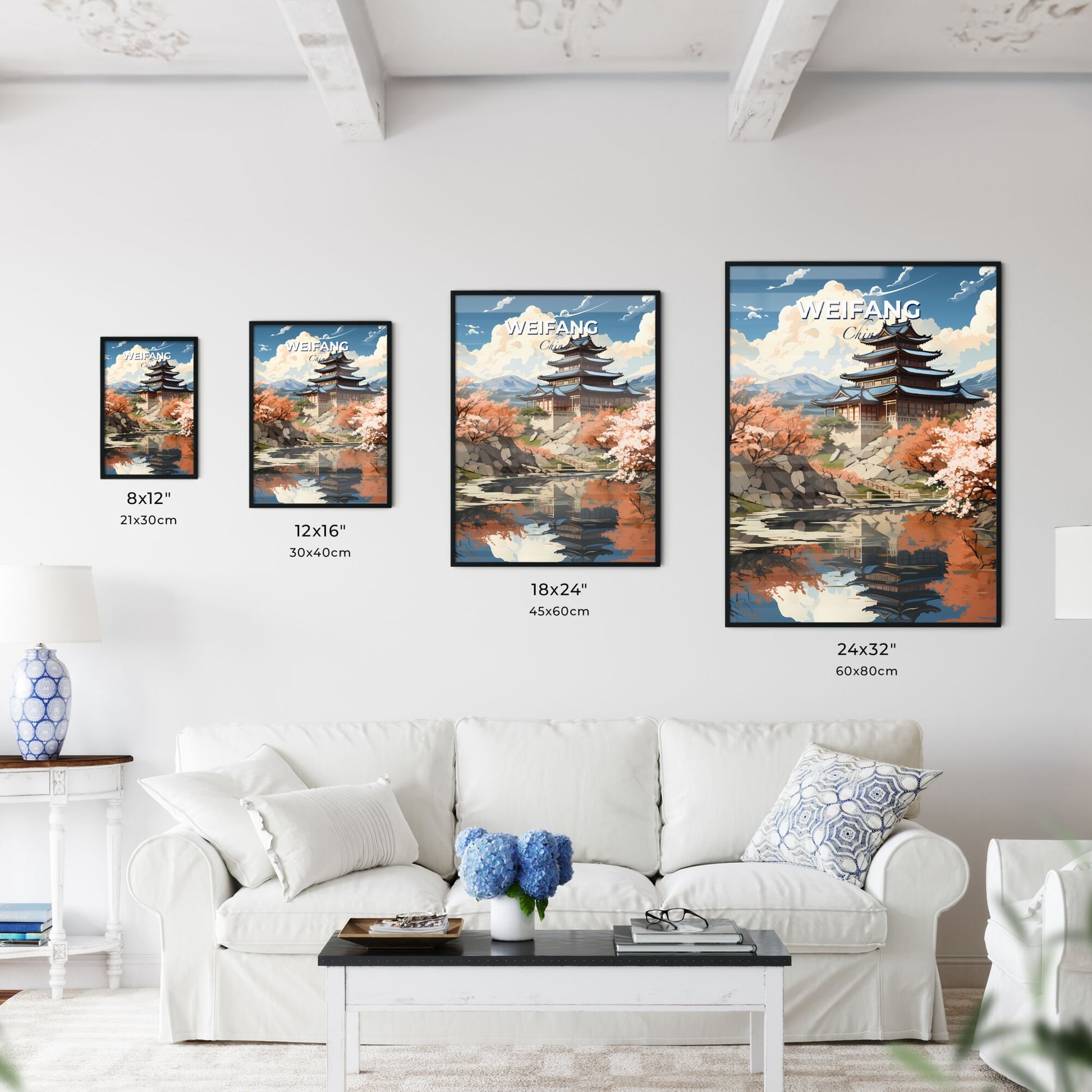 Colorful Chinese Pagoda Skyline with Cherry Blossoms and Pond Brush Painting Default Title