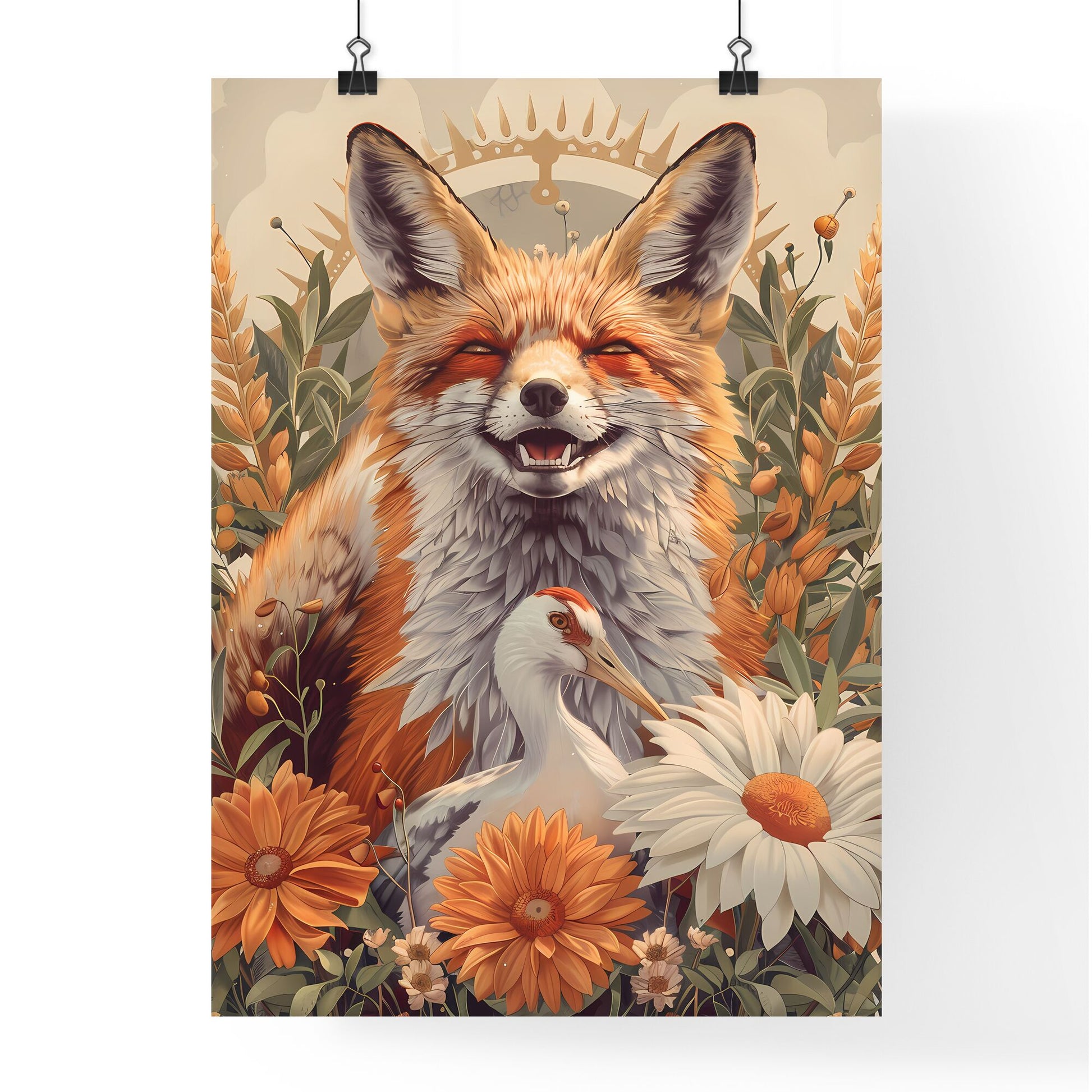 Mesmerizing Watercolor Fox and Crane Adorned with Vibrant Botanicals in Macabre Sublime Style Default Title