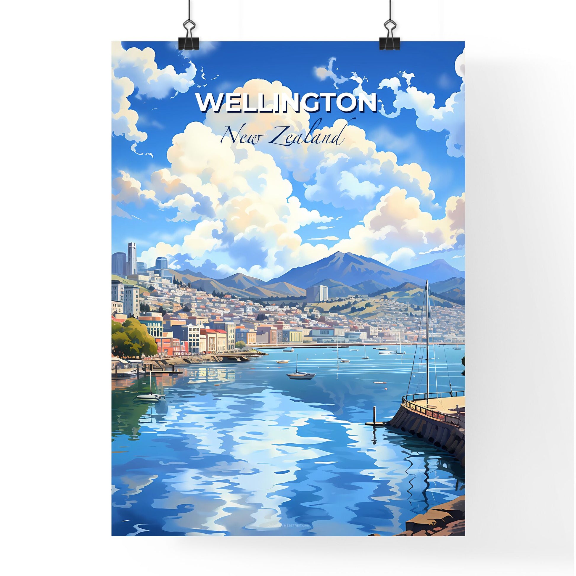 City Skyline Wellington New Zealand - Vibrant Painting of a City by the Water Default Title