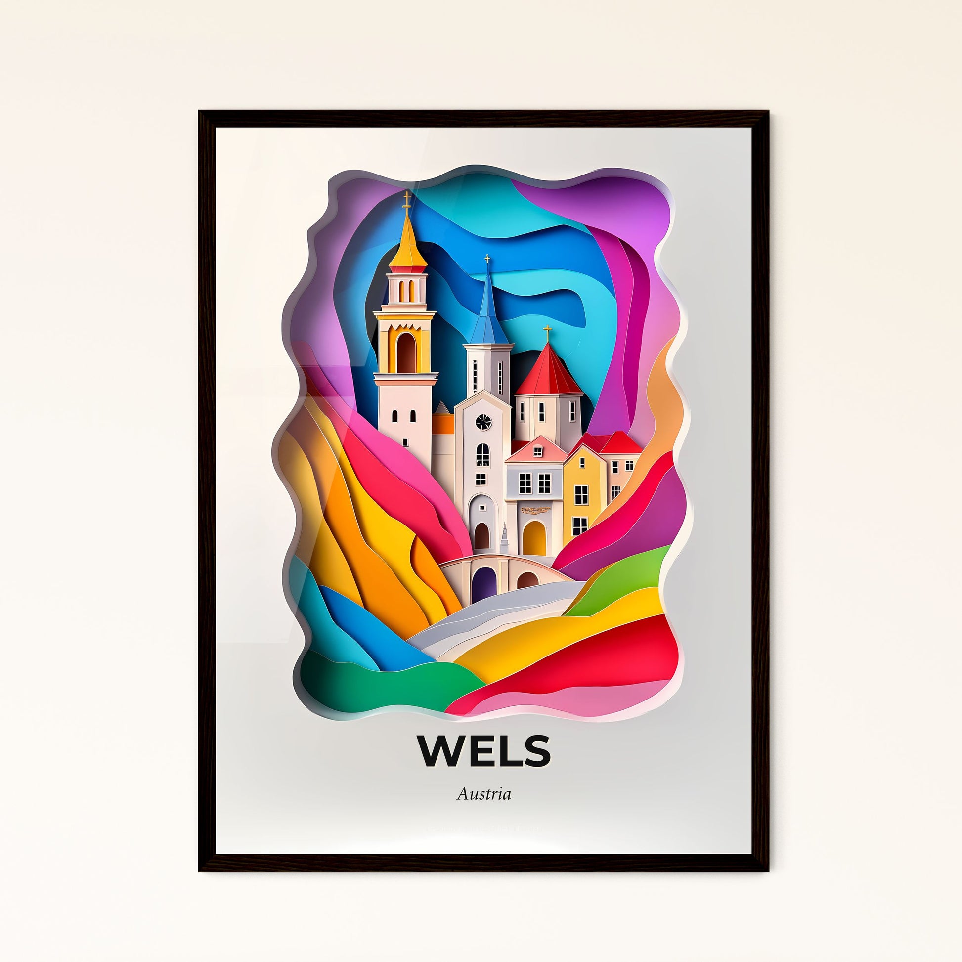 Vivid Wels, Austria - a paper cut of a church and a rainbow colored mountain