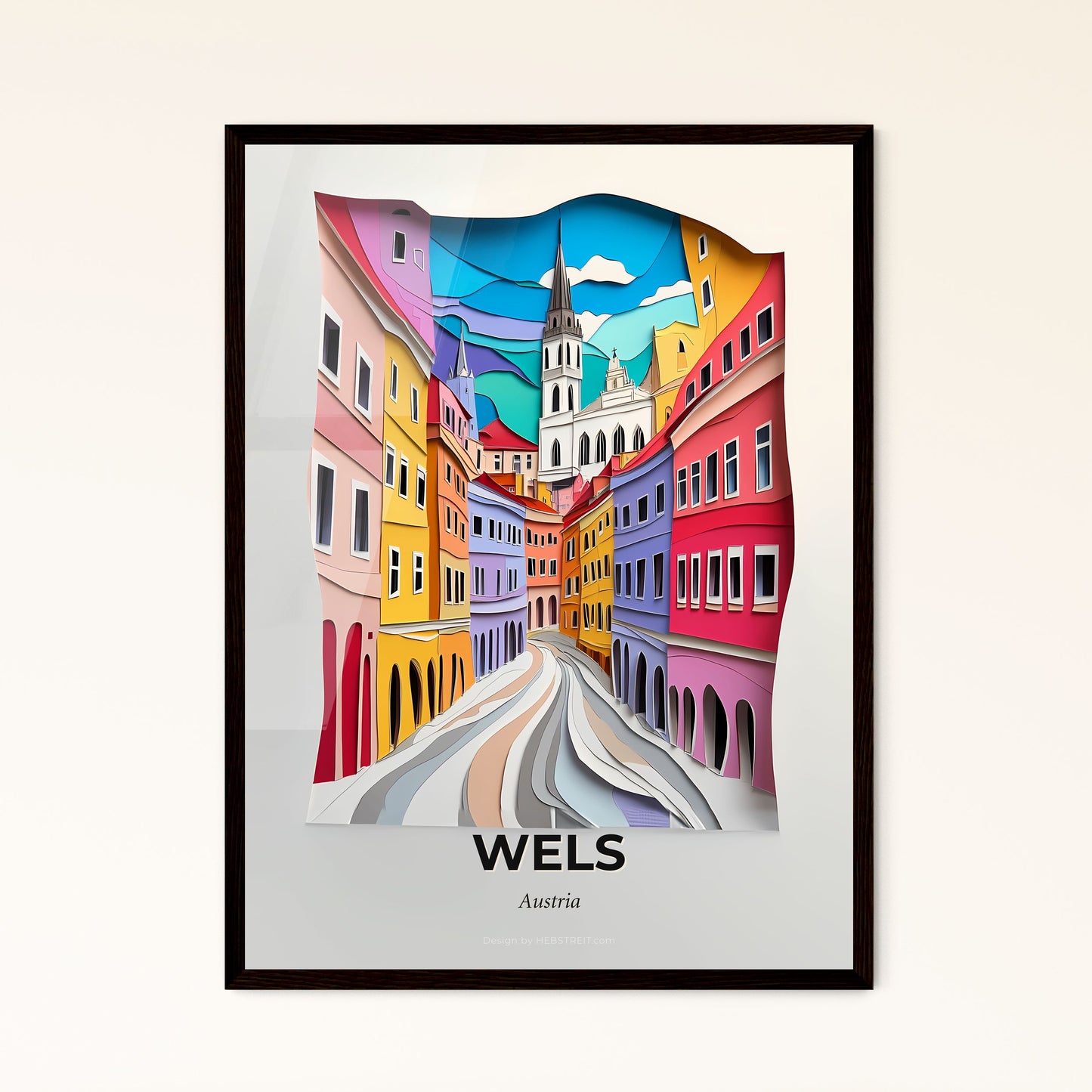 Vivid Wels, Austria - a paper cut of a city street with a church steeple