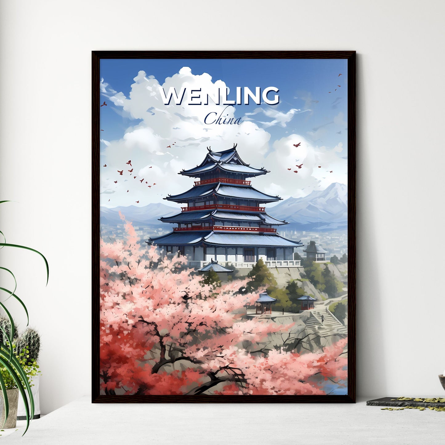 Vibrant Cityscape Painting with Pagoda and Cherry Blossoms in Wenling China Skyline Default Title