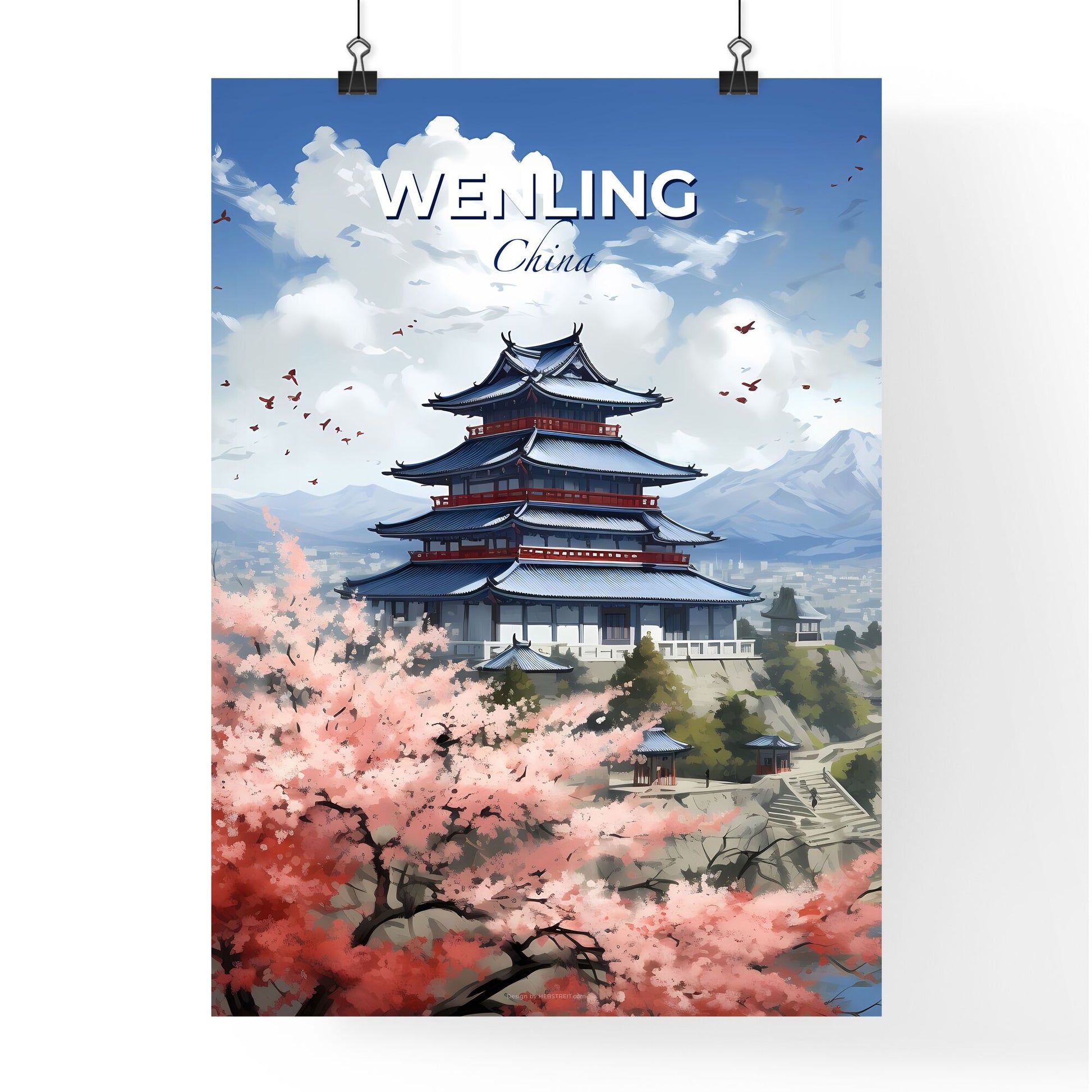 Vibrant Cityscape Painting with Pagoda and Cherry Blossoms in Wenling China Skyline Default Title