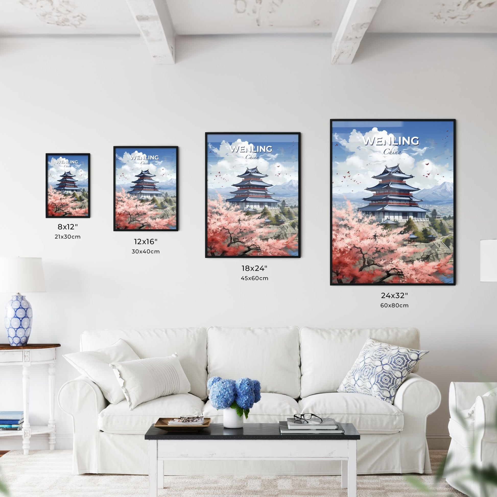 Vibrant Cityscape Painting with Pagoda and Cherry Blossoms in Wenling China Skyline Default Title