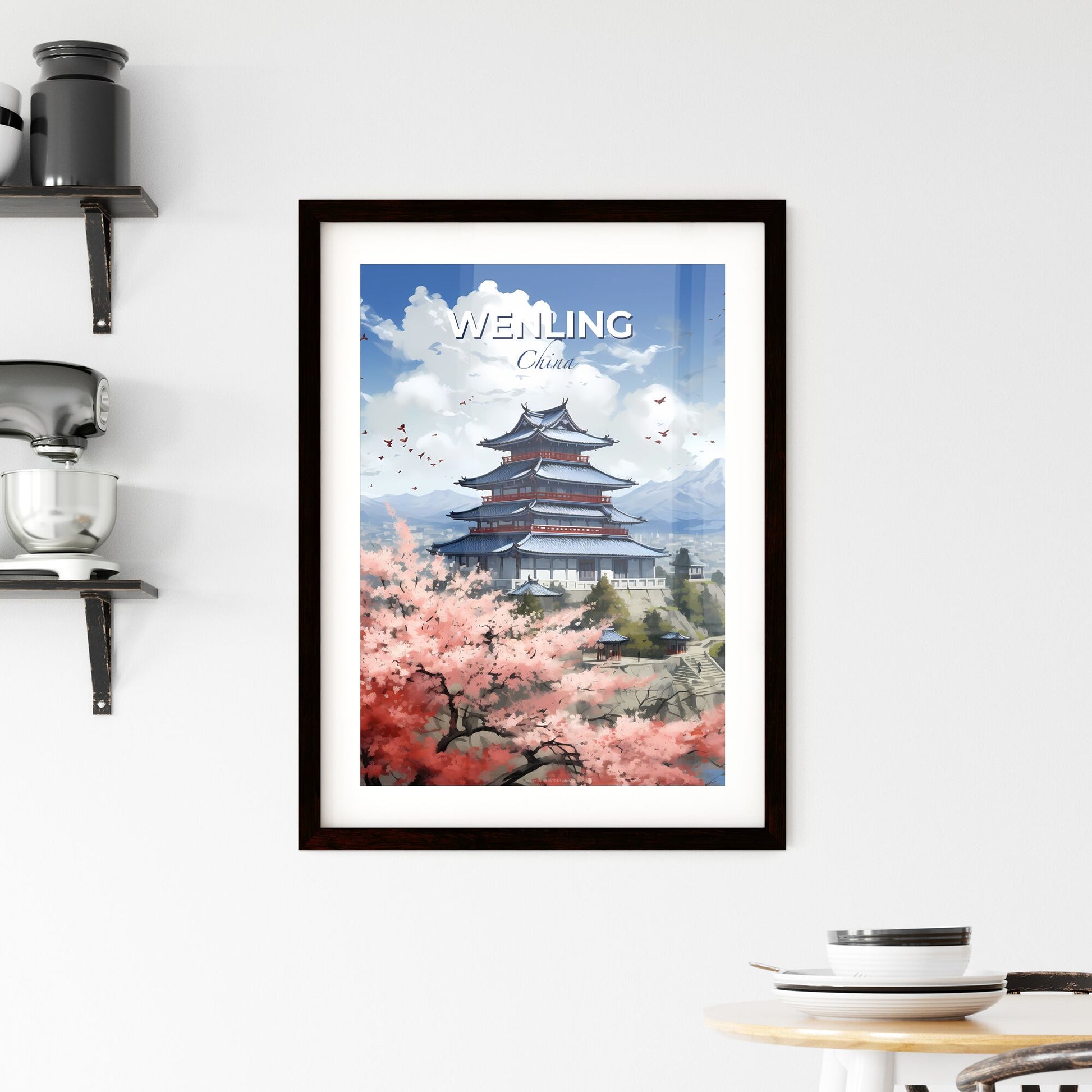 Vibrant Cityscape Painting with Pagoda and Cherry Blossoms in Wenling China Skyline Default Title