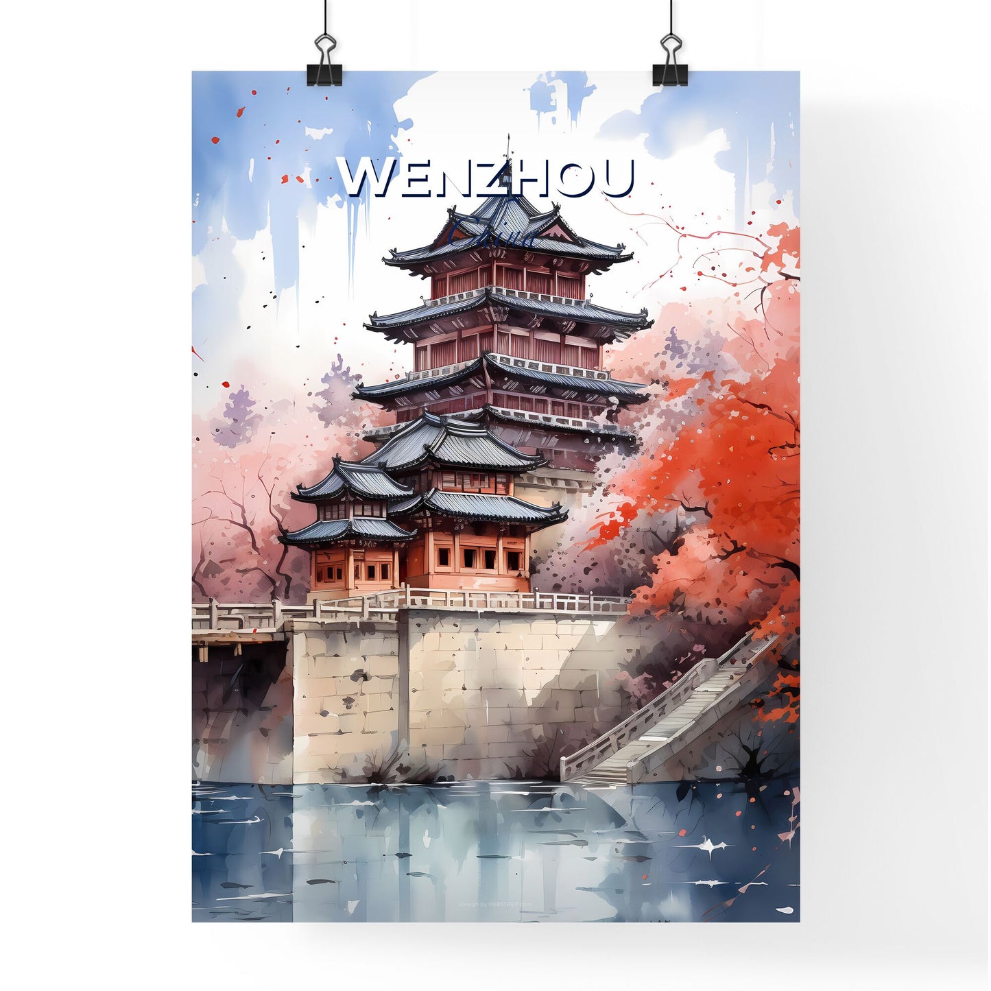 Wenzhou China Skyline Painting of a Pagoda on a Bridge Art Print Wall Decor Default Title