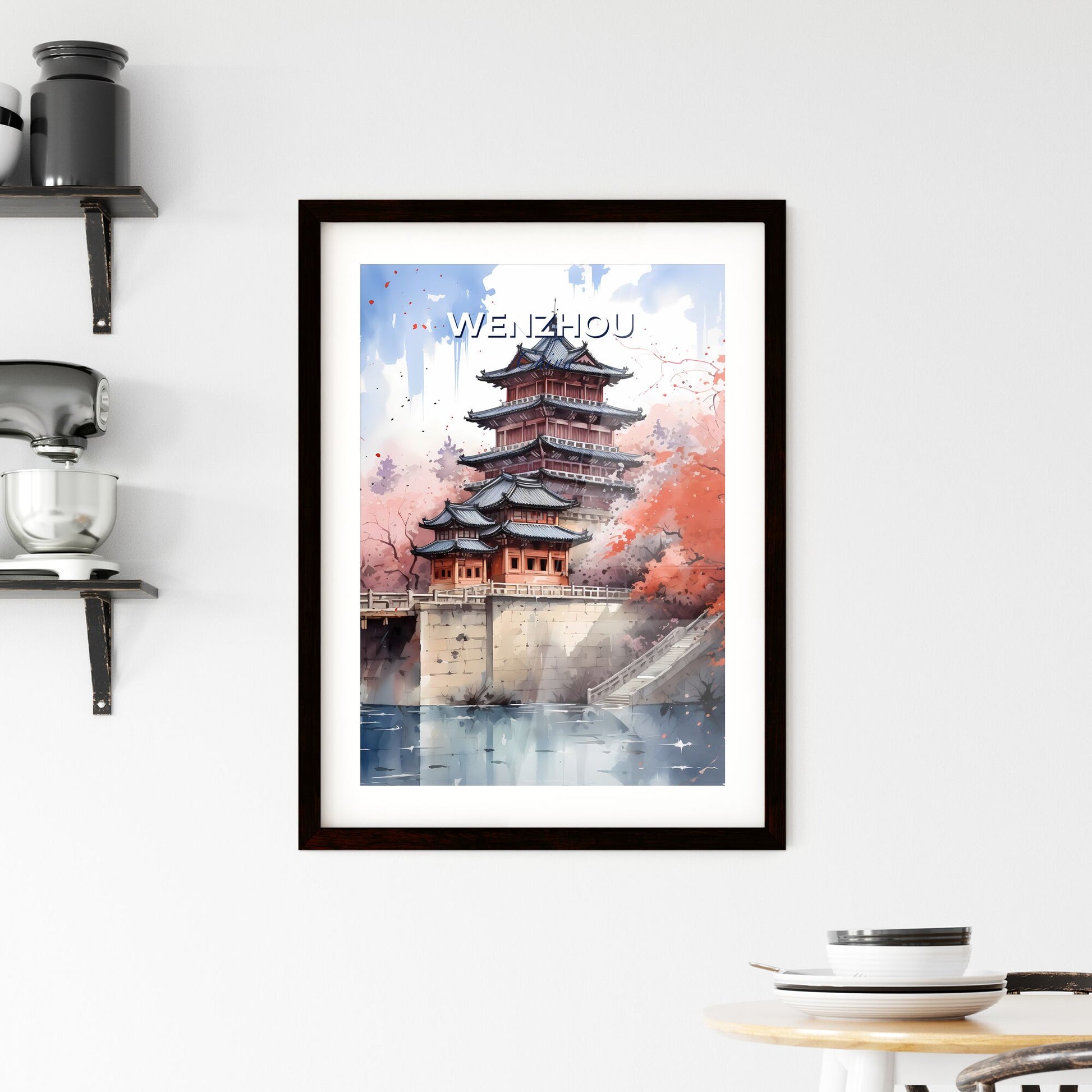 Wenzhou China Skyline Painting of a Pagoda on a Bridge Art Print Wall Decor Default Title