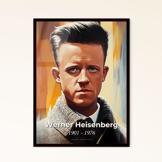 Portrait of Werner Heisenberg, 1901 - 1976. Impressionistic painting of a man with a very short haircut.