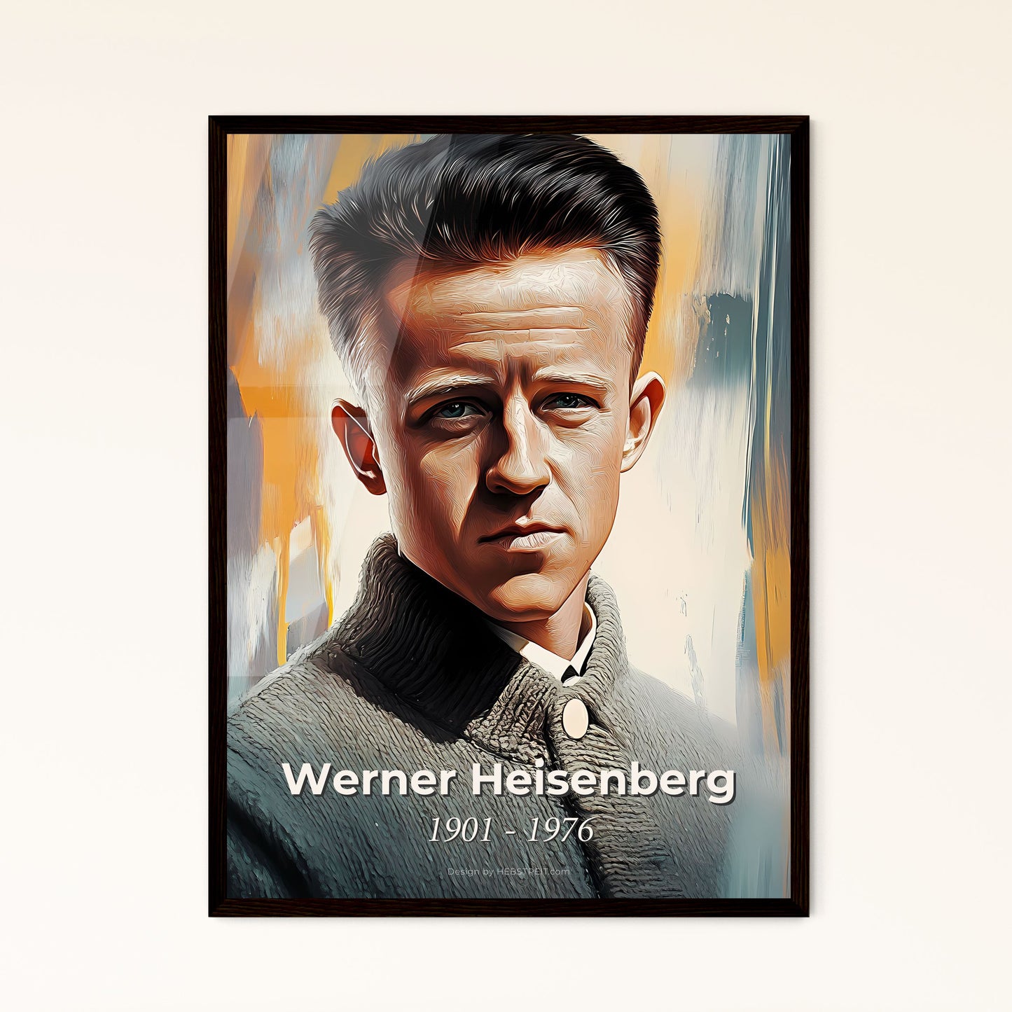 Portrait of Werner Heisenberg, 1901 - 1976. Impressionistic painting of a man with a grey sweater.