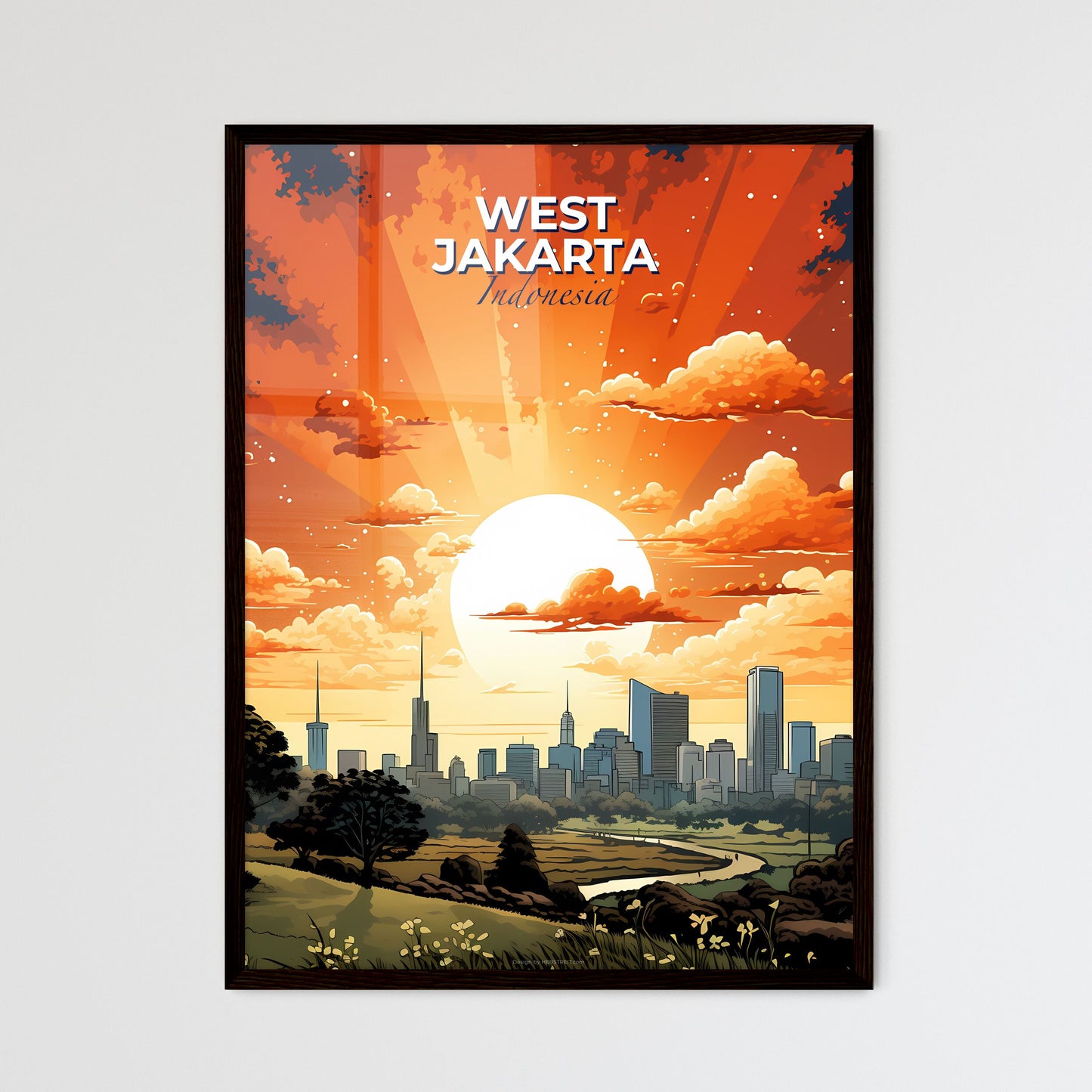 Vibrant Sunset Cityscape Painting: West Jakarta Indonesia Skyline, City, Artwork, Sunset, Painting, Art Default Title