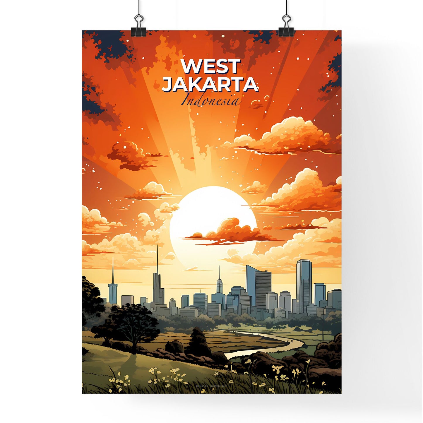 Vibrant Sunset Cityscape Painting: West Jakarta Indonesia Skyline, City, Artwork, Sunset, Painting, Art Default Title