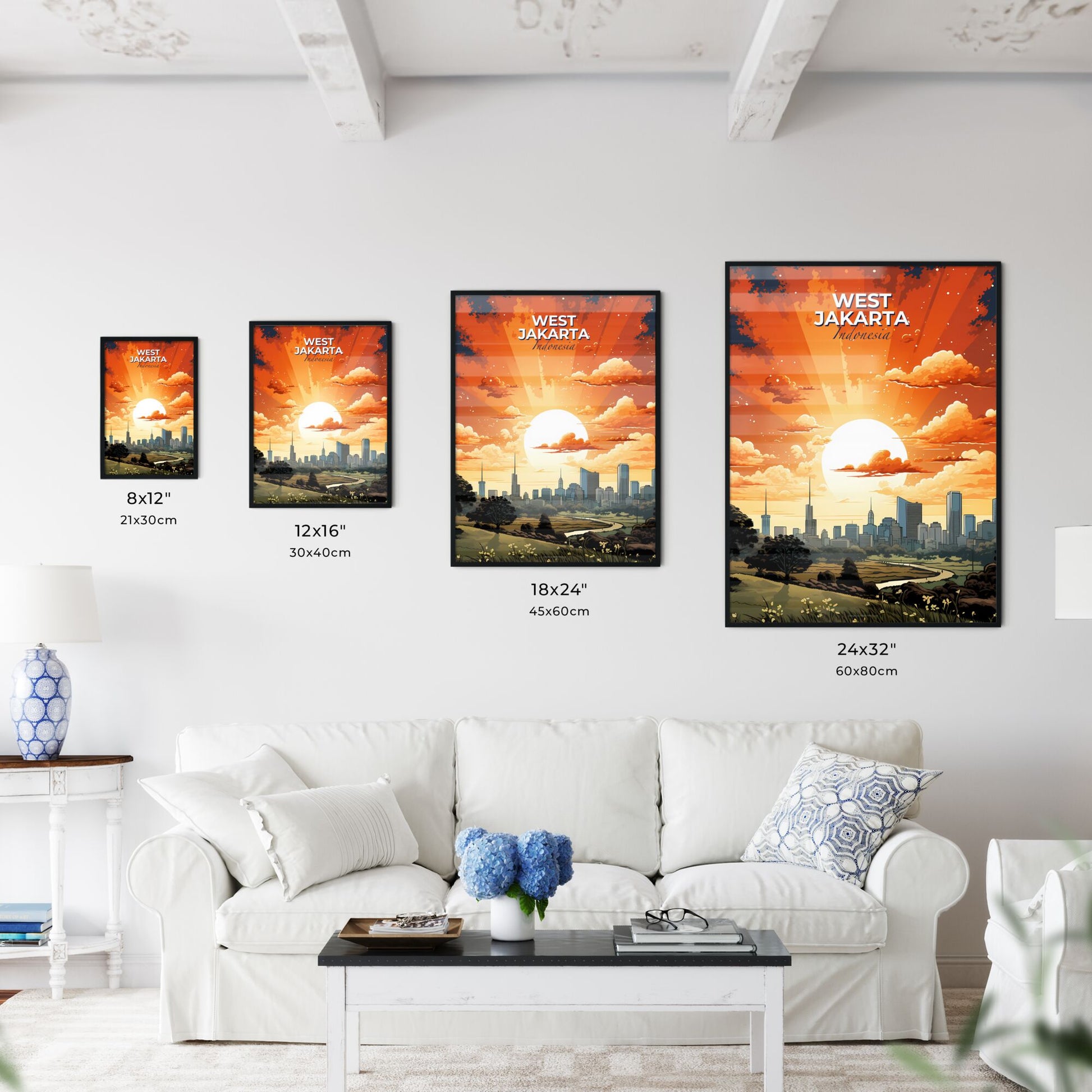 Vibrant Sunset Cityscape Painting: West Jakarta Indonesia Skyline, City, Artwork, Sunset, Painting, Art Default Title