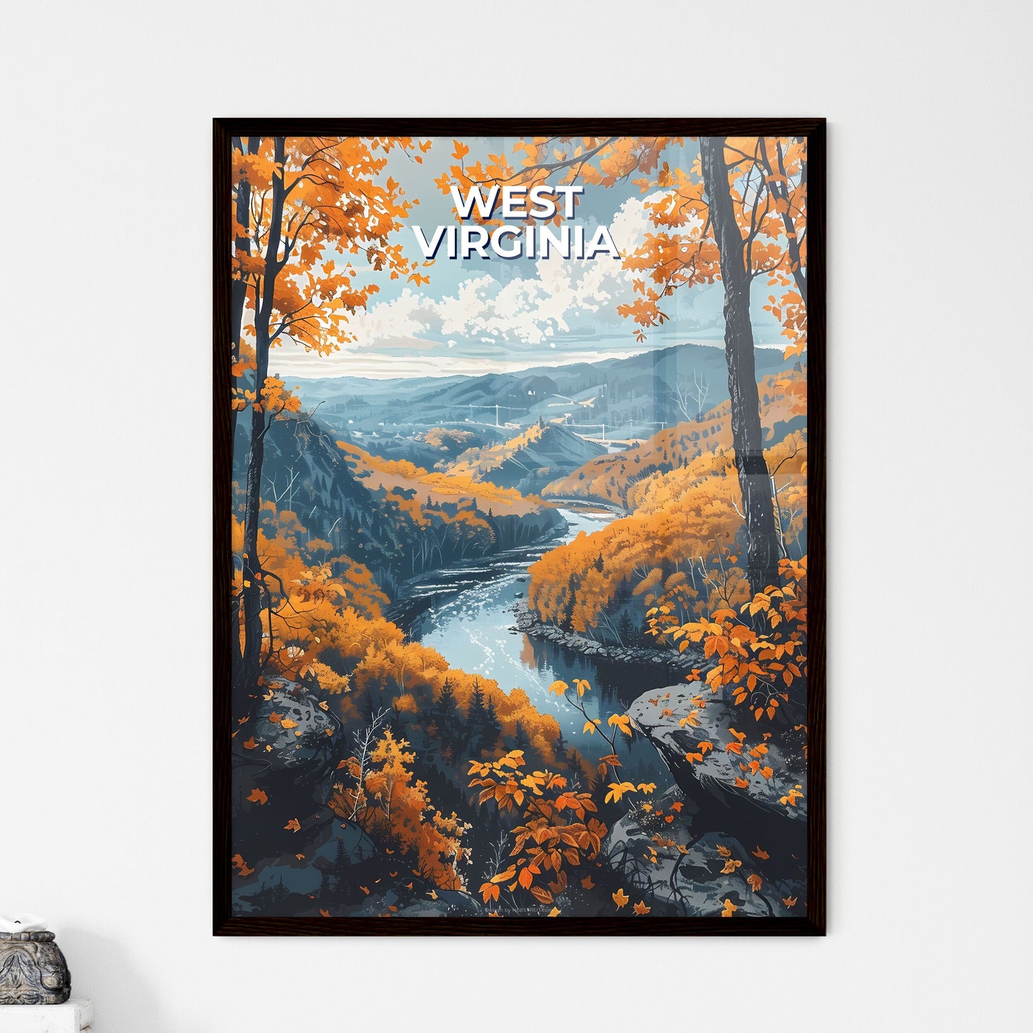 Vibrant Landscape Painting: River Valley with Mountains, Trees, and Artistic Flair, West Virginia, USA