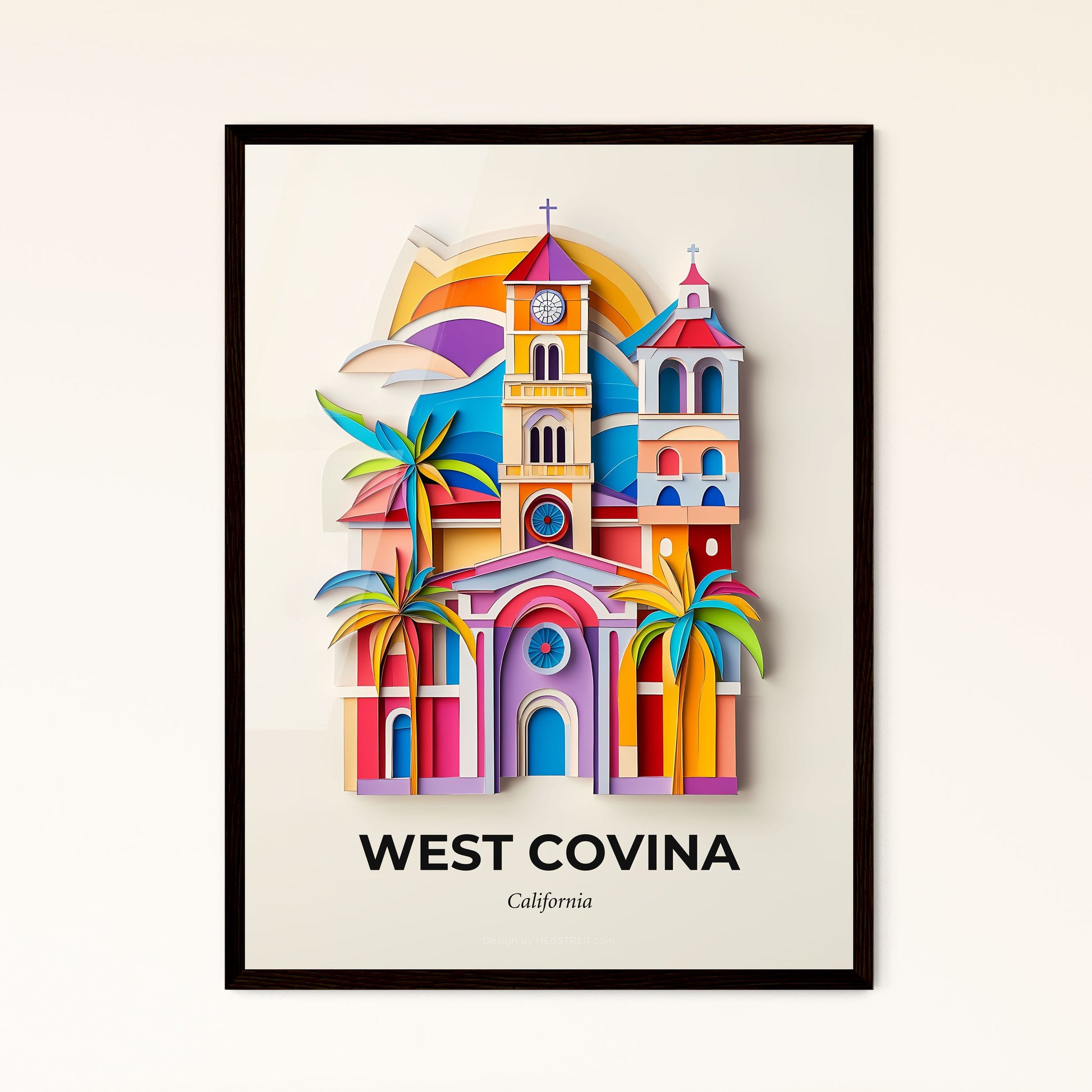 Vivid West Covina, California - a church with a clock tower and palm trees