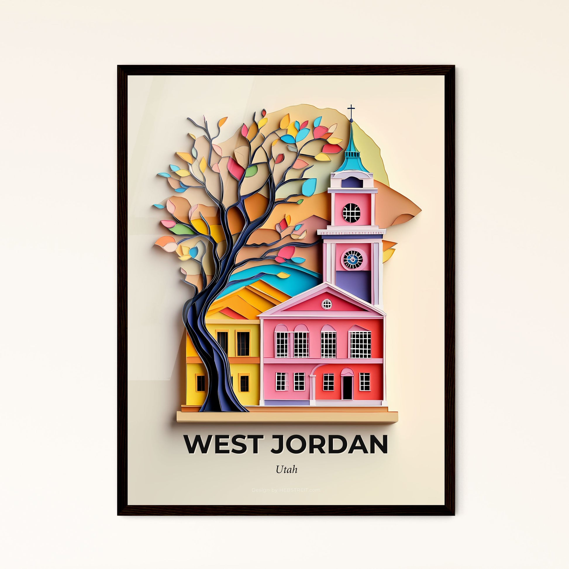 Vivid West Jordan, Utah - a paper cut of a church with a tree