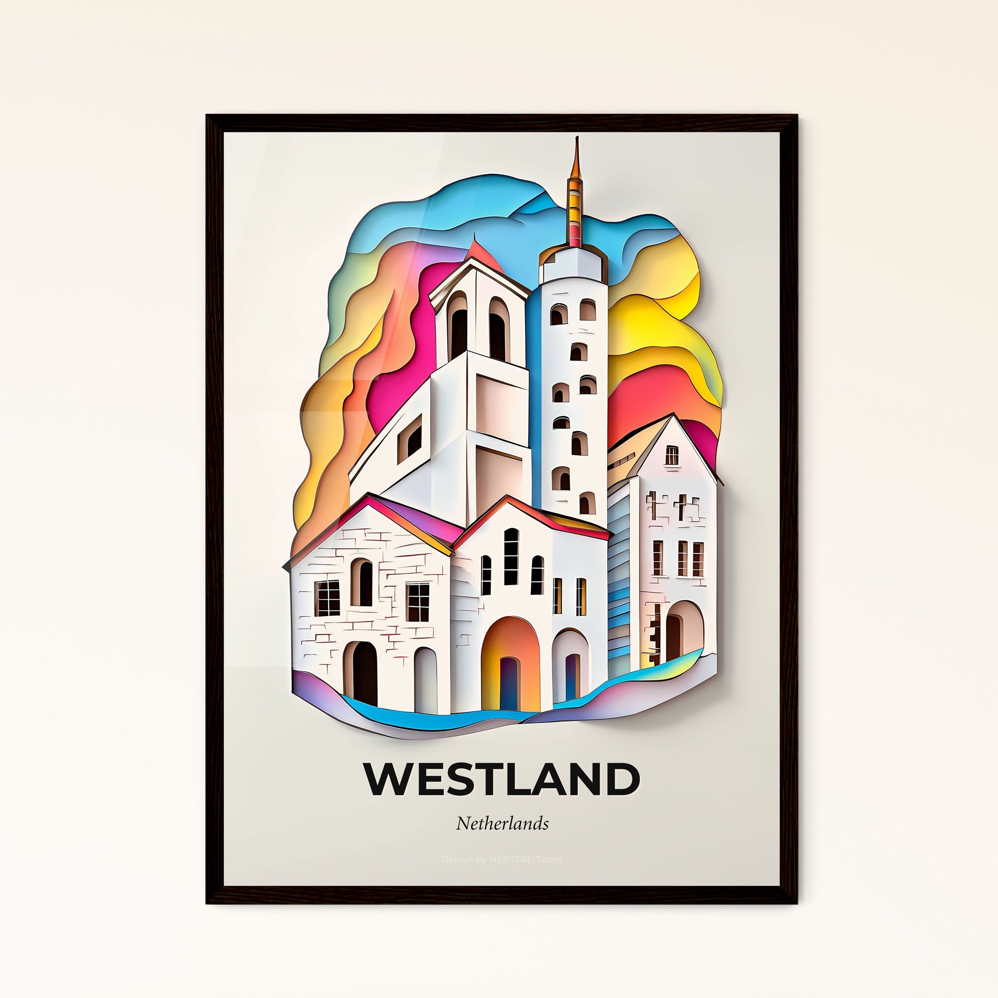 Vivid Westland, Netherlands - a paper cut of a church with a rainbow sky