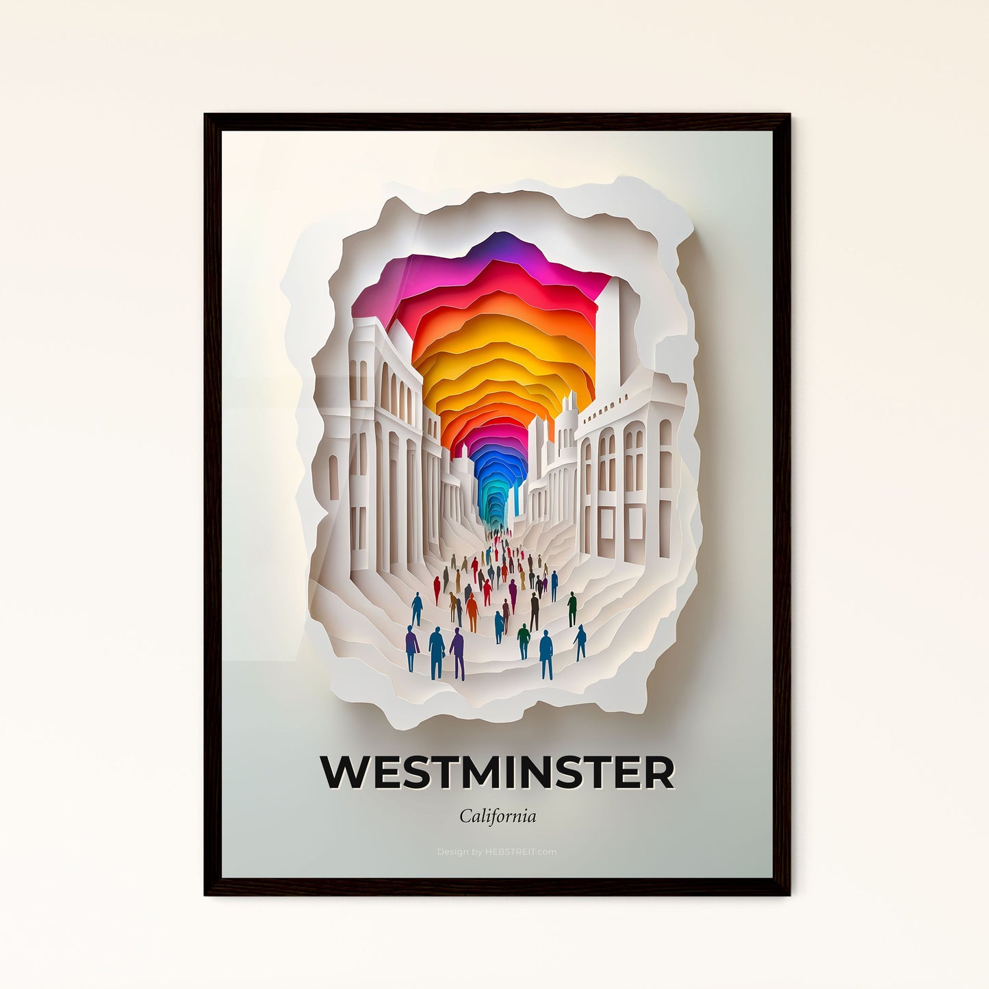 Vivid Westminster, California - a group of people walking down a street under a rainbow colored umbrella