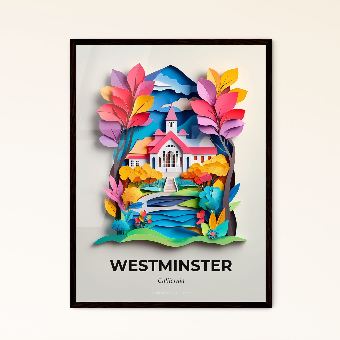 Vivid Westminster, California - a paper cut of a church with a bridge