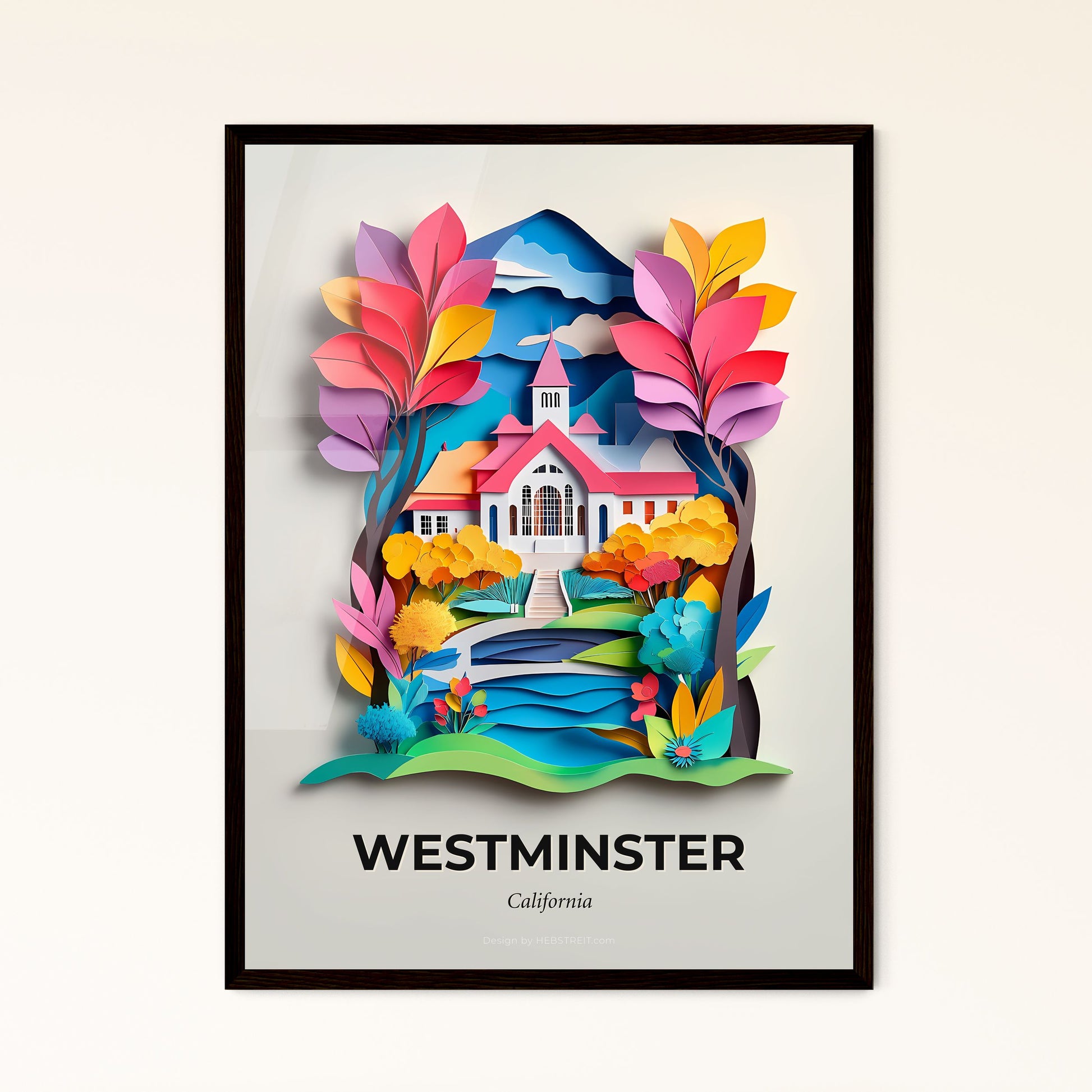 Vivid Westminster, California - a paper cut of a church with a bridge