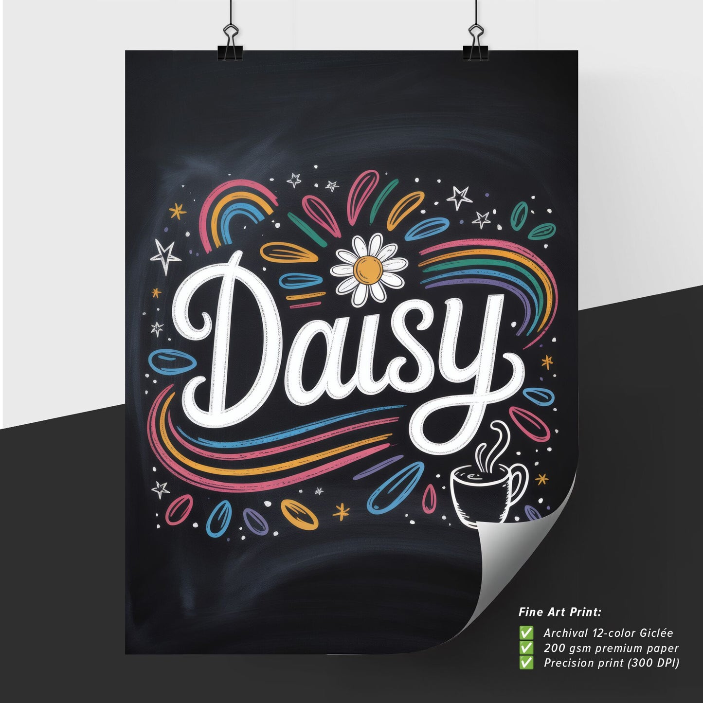 Whimsical Chalkboard Art Featuring the Name 'Daisy' with Colorful Elements and Coffee Cup Illustration.