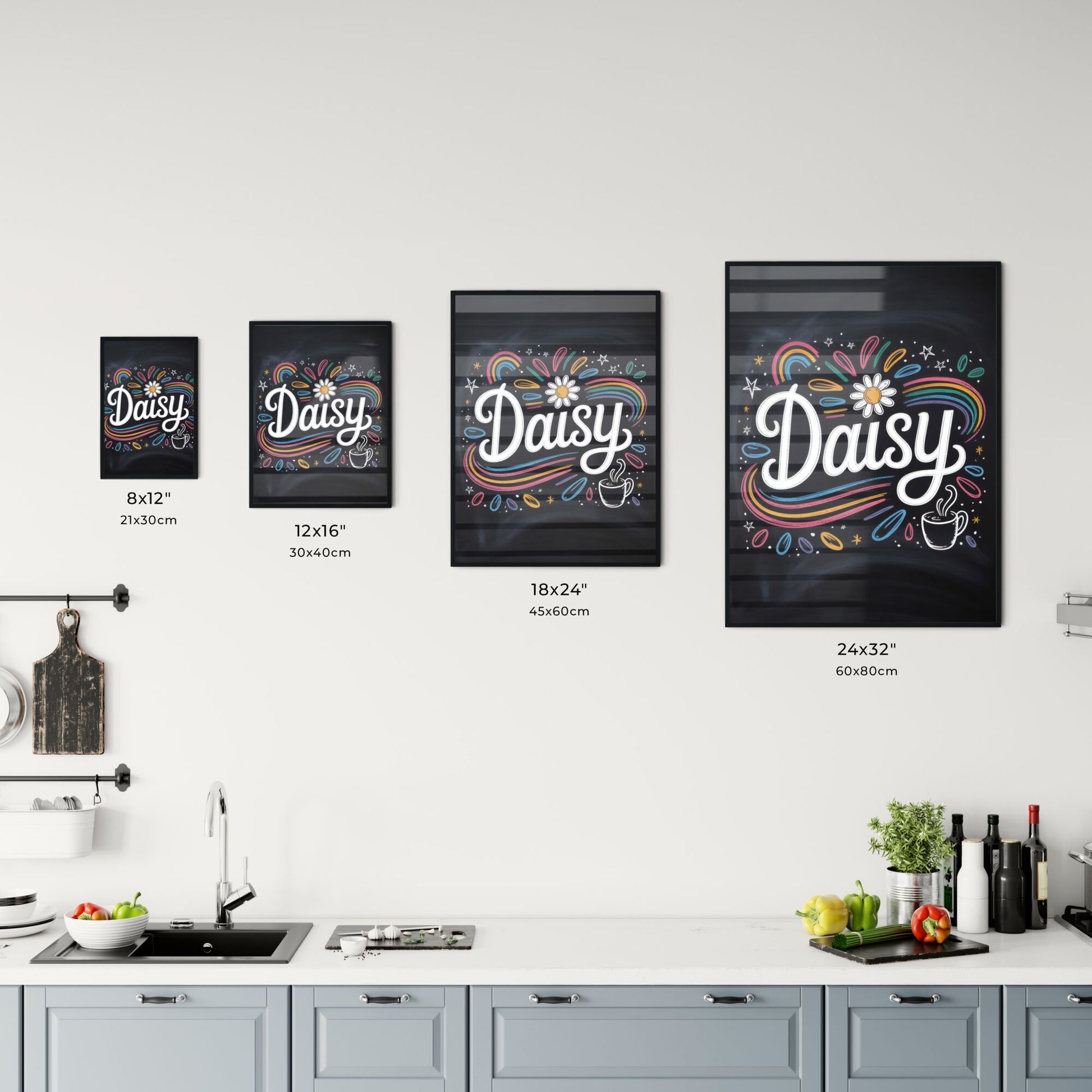Whimsical Chalkboard Art Featuring the Name 'Daisy' with Colorful Elements and Coffee Cup Illustration. Chart