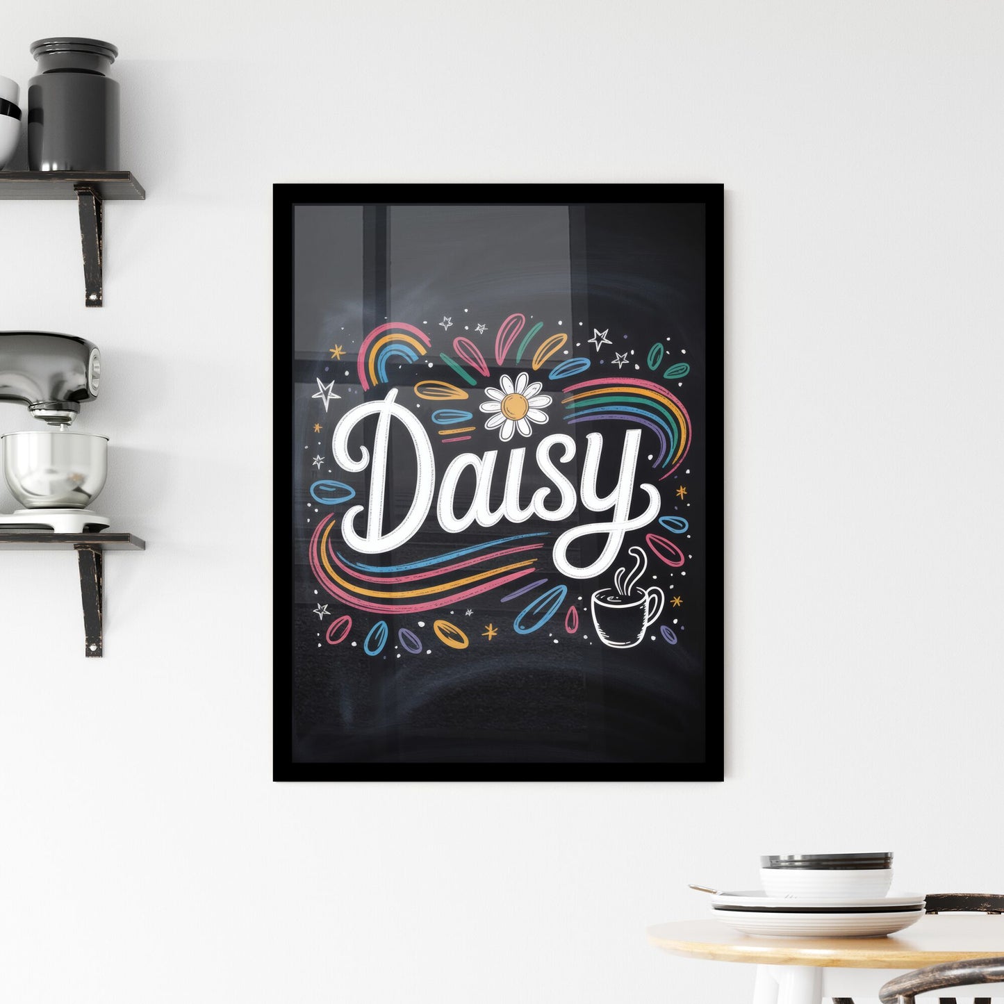 Whimsical Chalkboard Art Featuring the Name 'Daisy' with Colorful Elements and Coffee Cup Illustration. Framed Print
