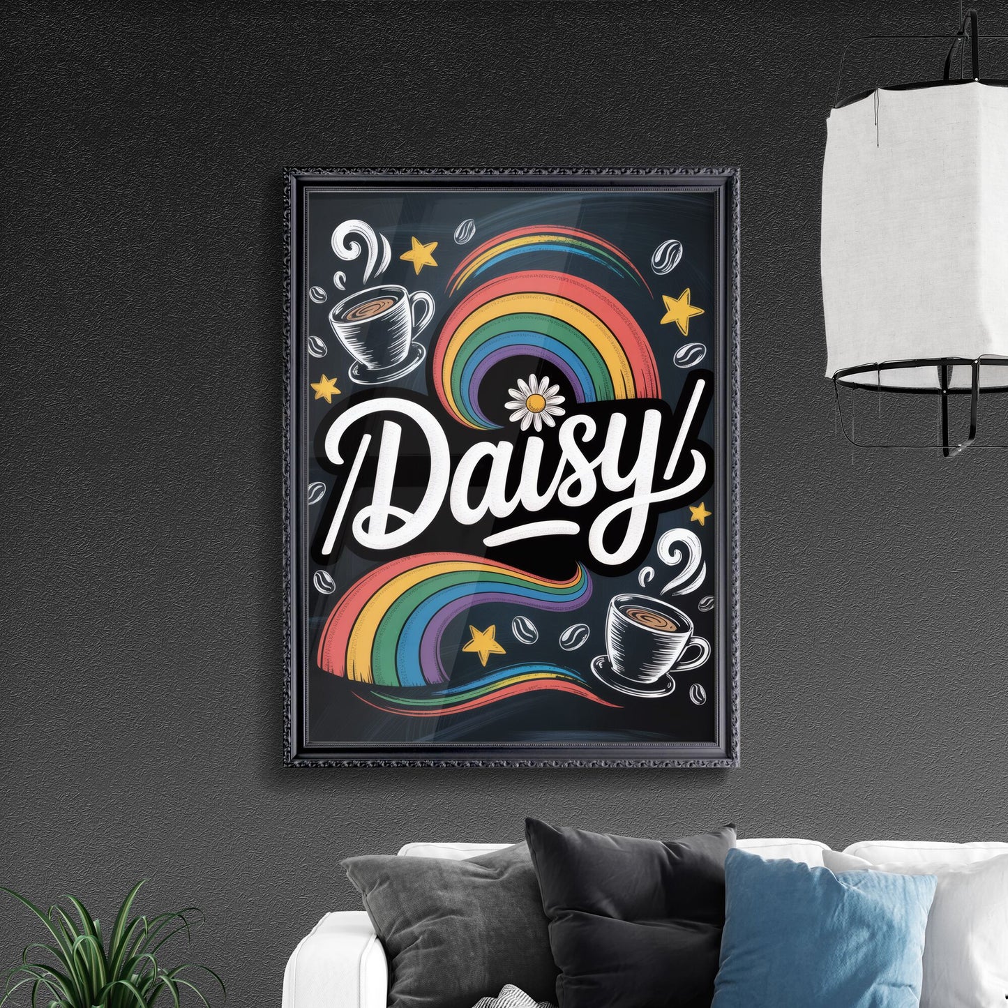 Whimsical Coffee and Rainbow Design Featuring the Name 'Daisy' for Cheerful Branding and Artistic Creations.