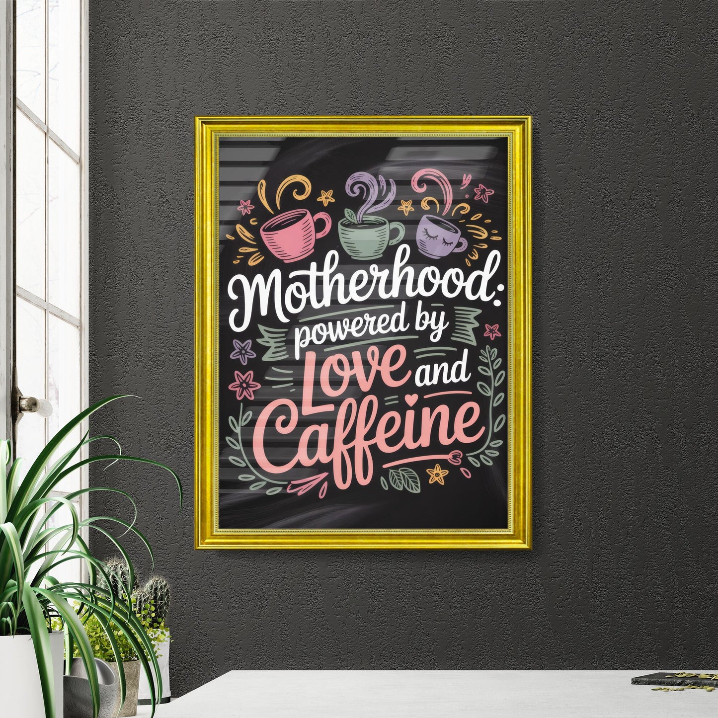 Whimsical Design Celebrating Motherhood, Love, and Caffeine with Playful Coffee Cups and Floral Elements.
