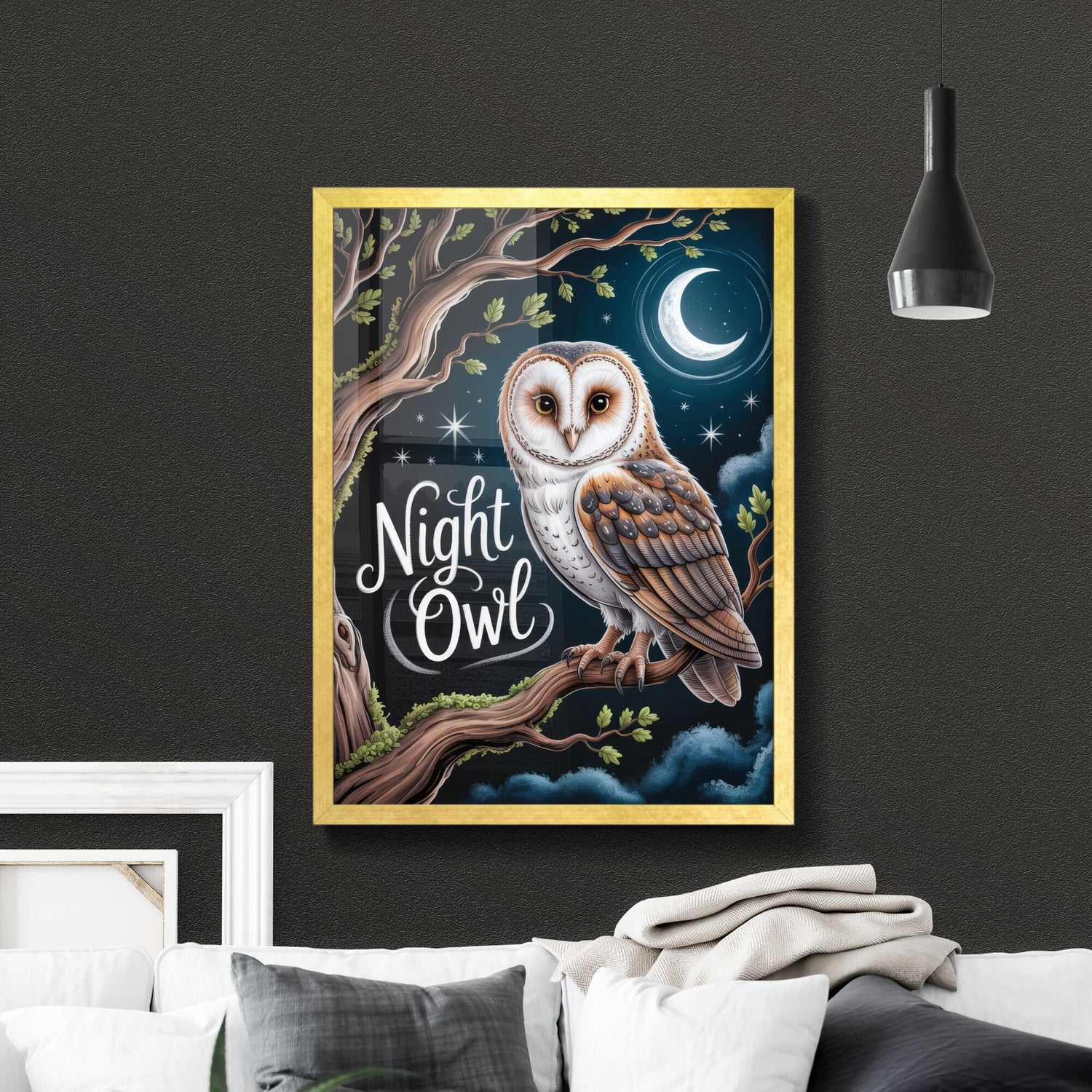 Whimsical Night Owl Illustration with Moon and Stars, Perfect for Nature-Themed Designs and Décor.
