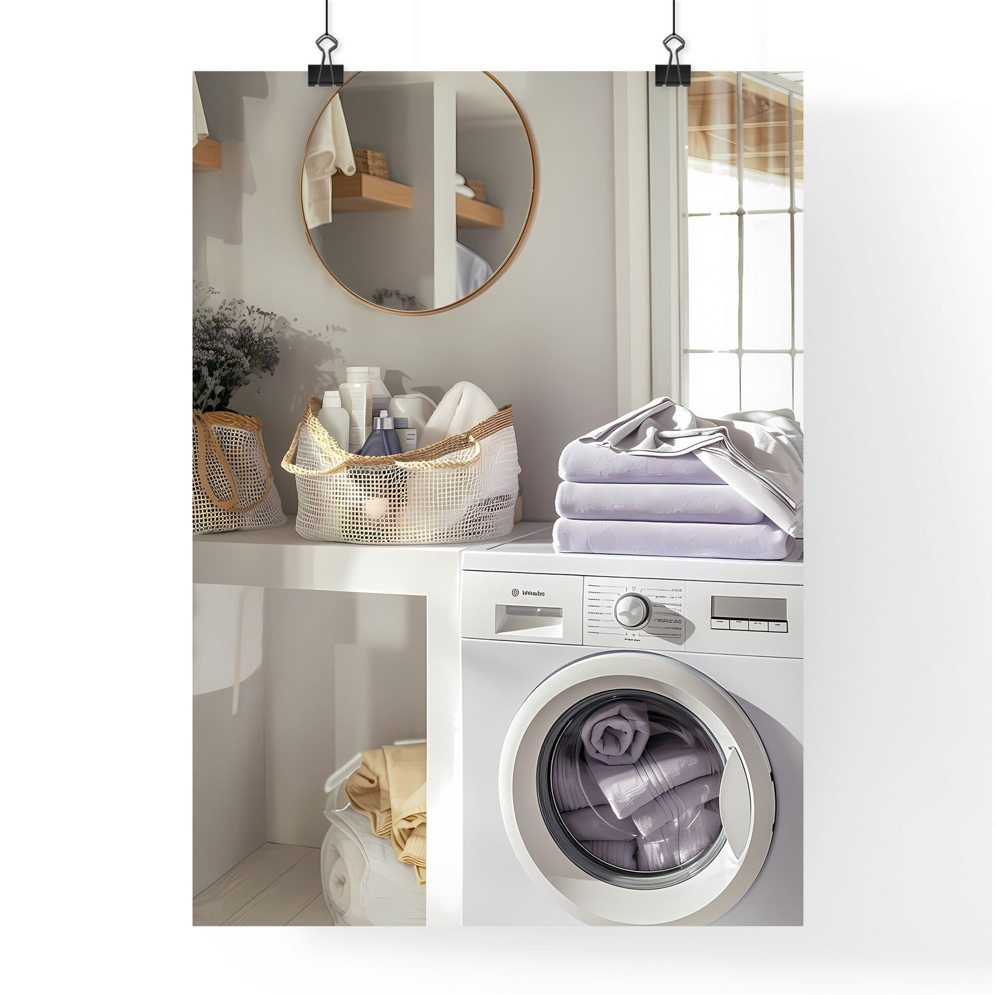 White and purple laundry room decor with complementary colored items, natural wood elements, painting, open washing machine with towels Default Title