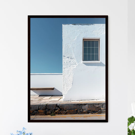Contemplative Minimalist White Wall Frontage with Window, Blue Sky, and Bench, Realistic Tabletop Photography, Color-Blocked Shapes, Vibrant Painting, Art Framed Art