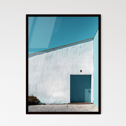 Serene Minimalist Tabletop Still Life: Color-Blocked White Wall Facade with Blue Door, Abstract Art Focus Framed Art