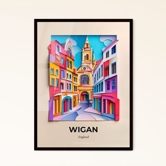 Vivid Wigan, England - a painting of a colorful city with a clock tower