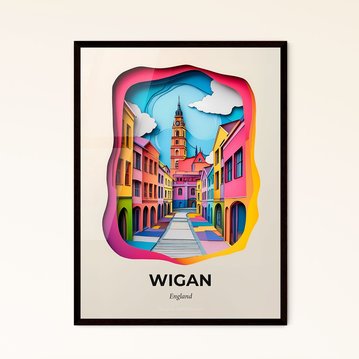 Vivid Wigan, England - a colorful city street with a clock tower