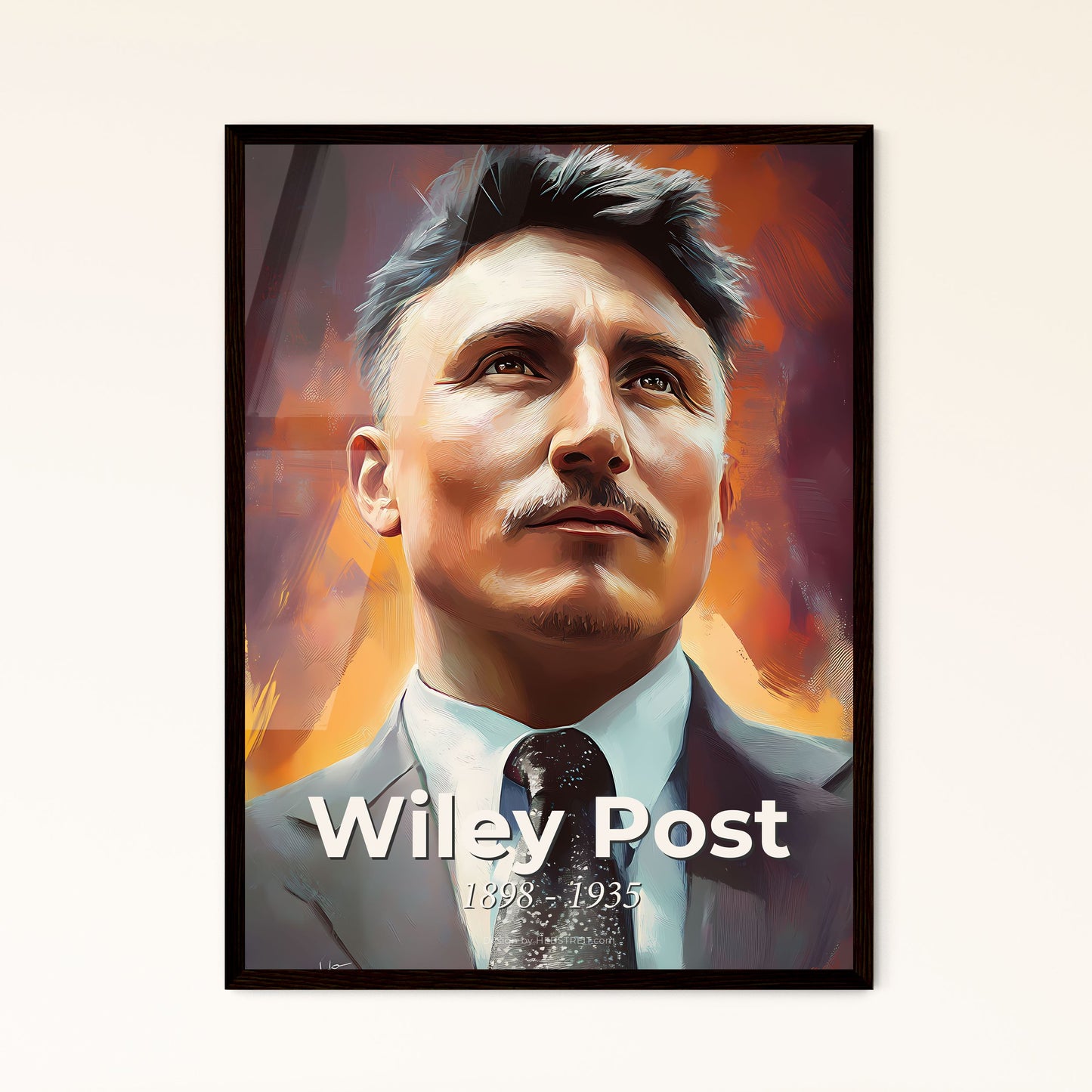 Portrait of Wiley Post, 1898 - 1935. Impressionistic painting of a man in a suit looking up.