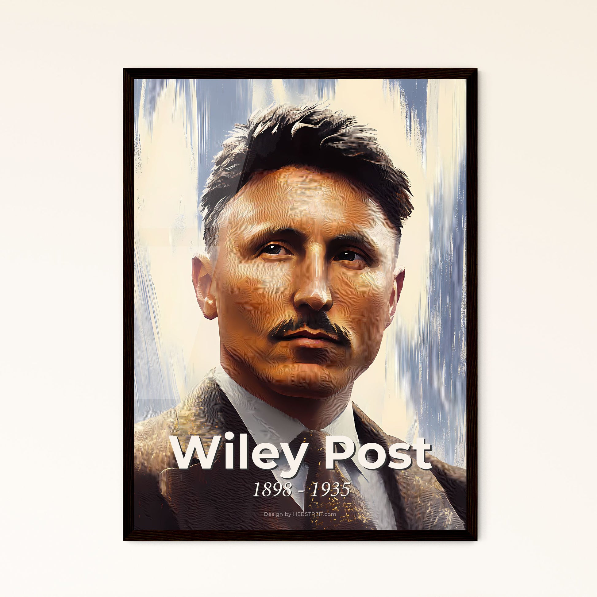 Portrait of Wiley Post, 1898 - 1935. Impressionistic painting of a man in a suit and tie.