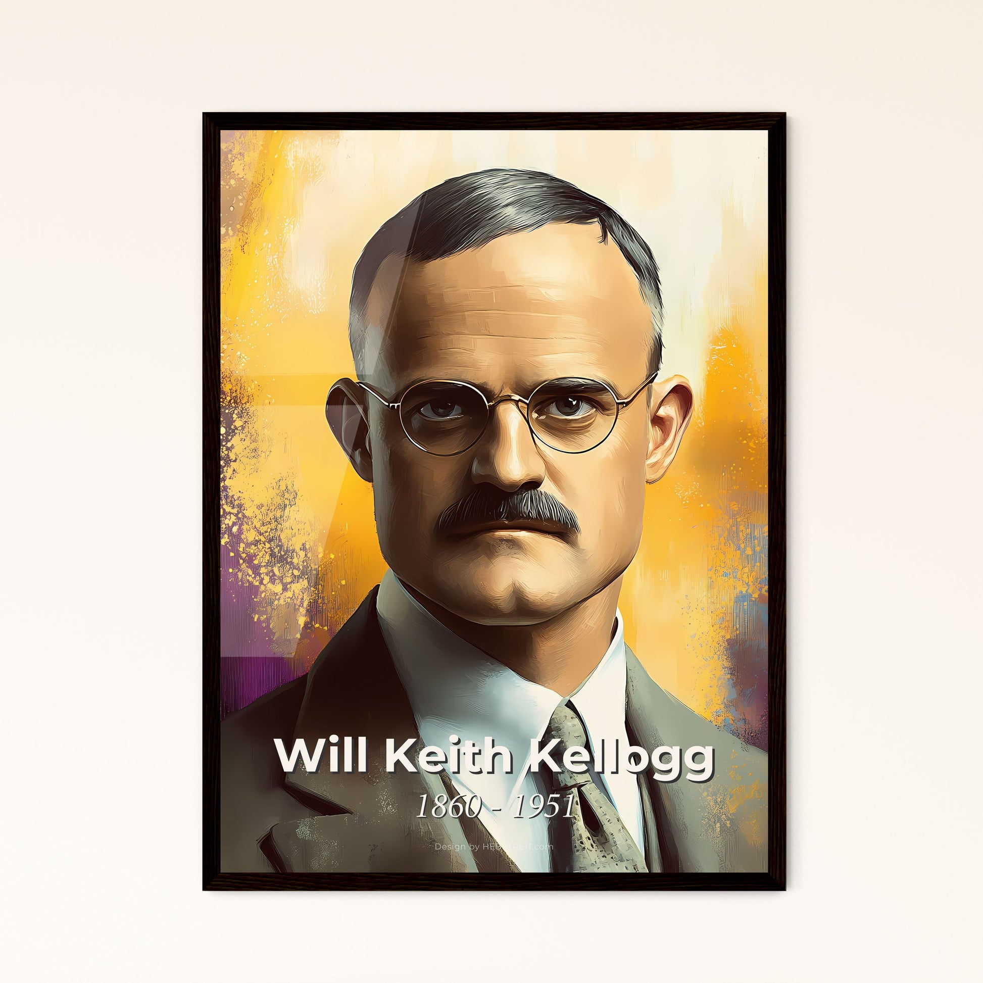 Portrait of Will Keith Kellogg, 1860 - 1951. Impressionistic painting of a man with a mustache wearing glasses.