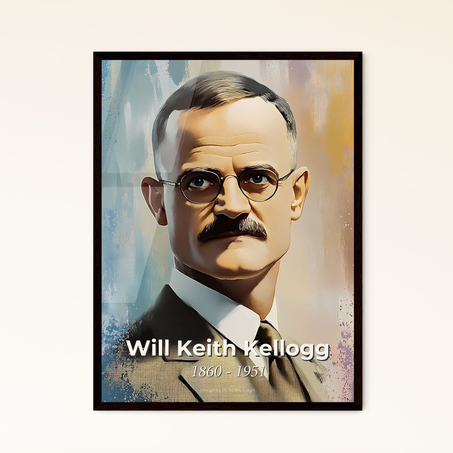 Portrait of Will Keith Kellogg, 1860 - 1951. Impressionistic painting of a man with a mustache wearing glasses.