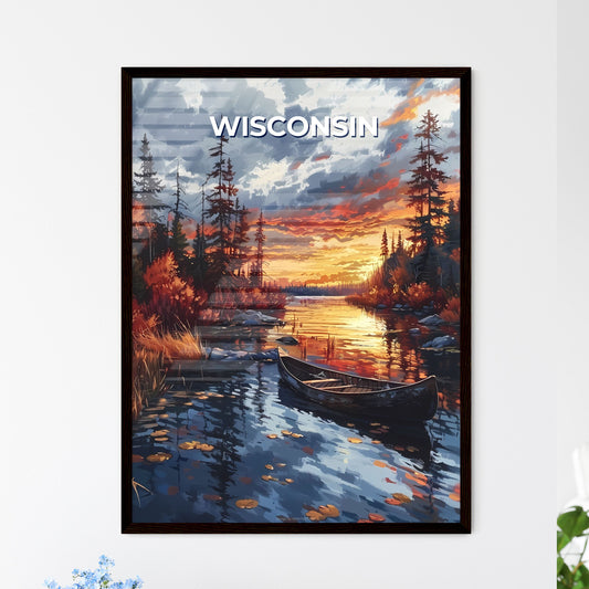 Vibrant Wisconsin River Watercolor Sunset Scene with Riverboat and Trees