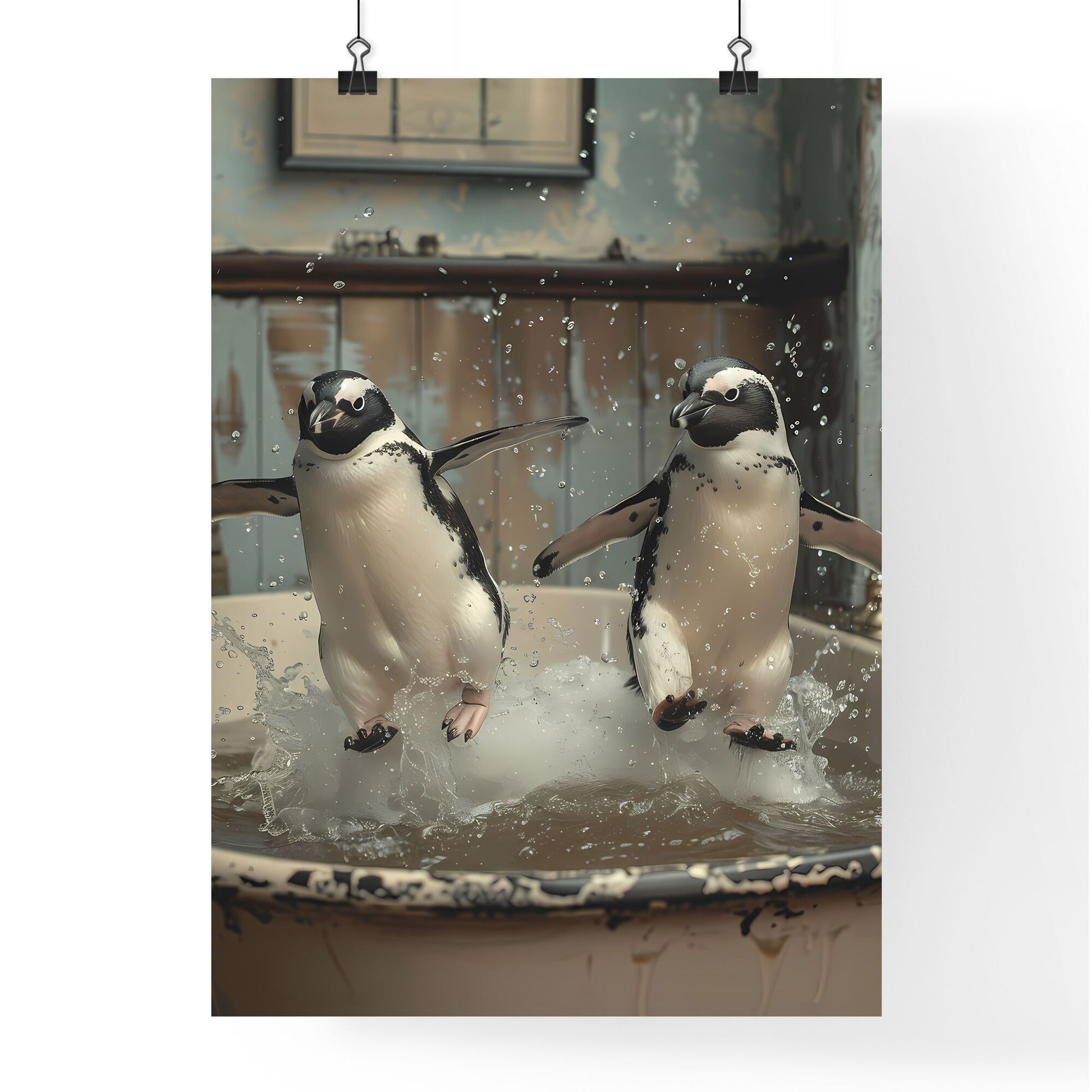 Wo penguins jump in a bathtub playing with each other, a storybook illustration, featured on cg society, art photography, whimsical, behance hd, storybook illustration black and white vintage - two penguins jumping into a tub of water Default Title