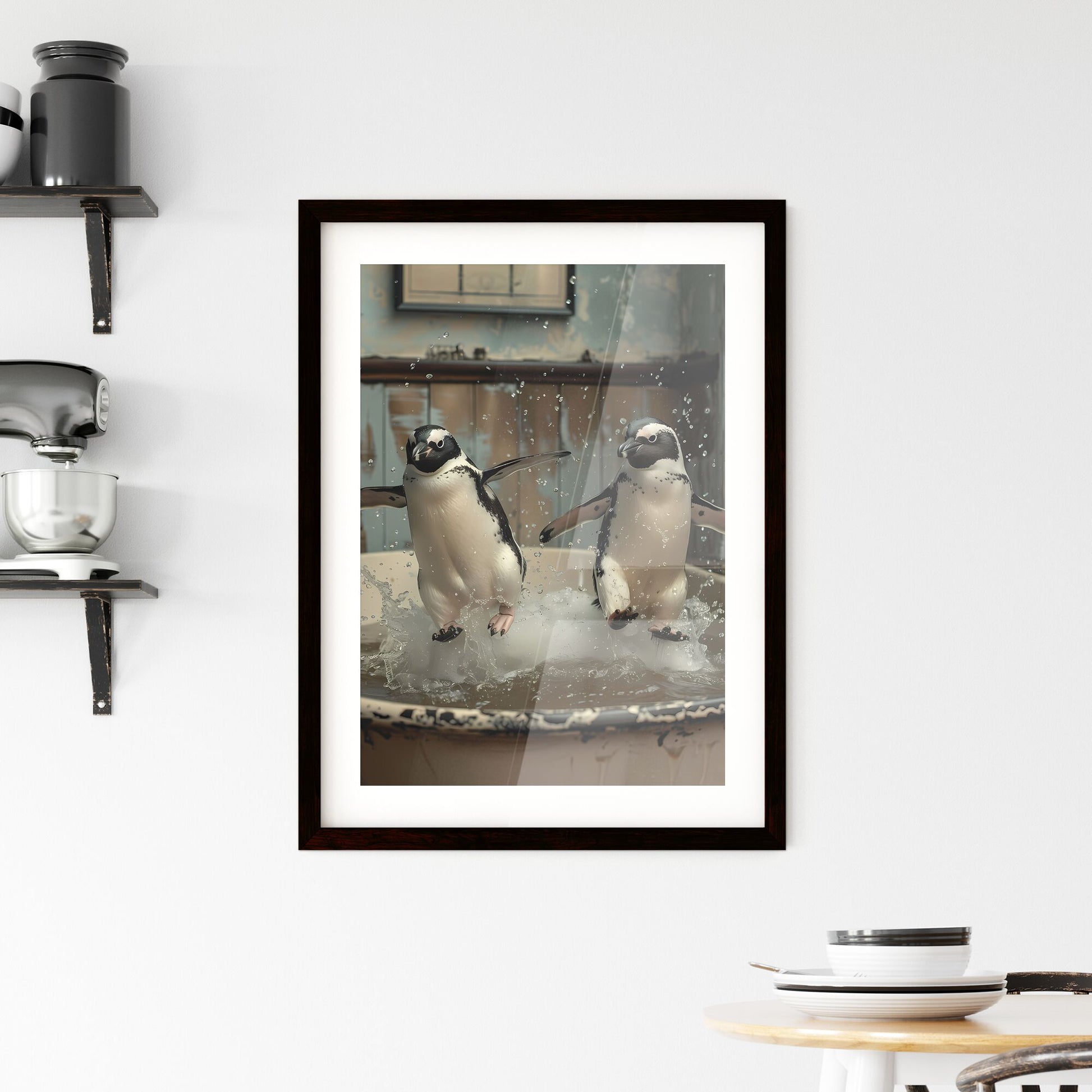 Wo penguins jump in a bathtub playing with each other, a storybook illustration, featured on cg society, art photography, whimsical, behance hd, storybook illustration black and white vintage - two penguins jumping into a tub of water Default Title