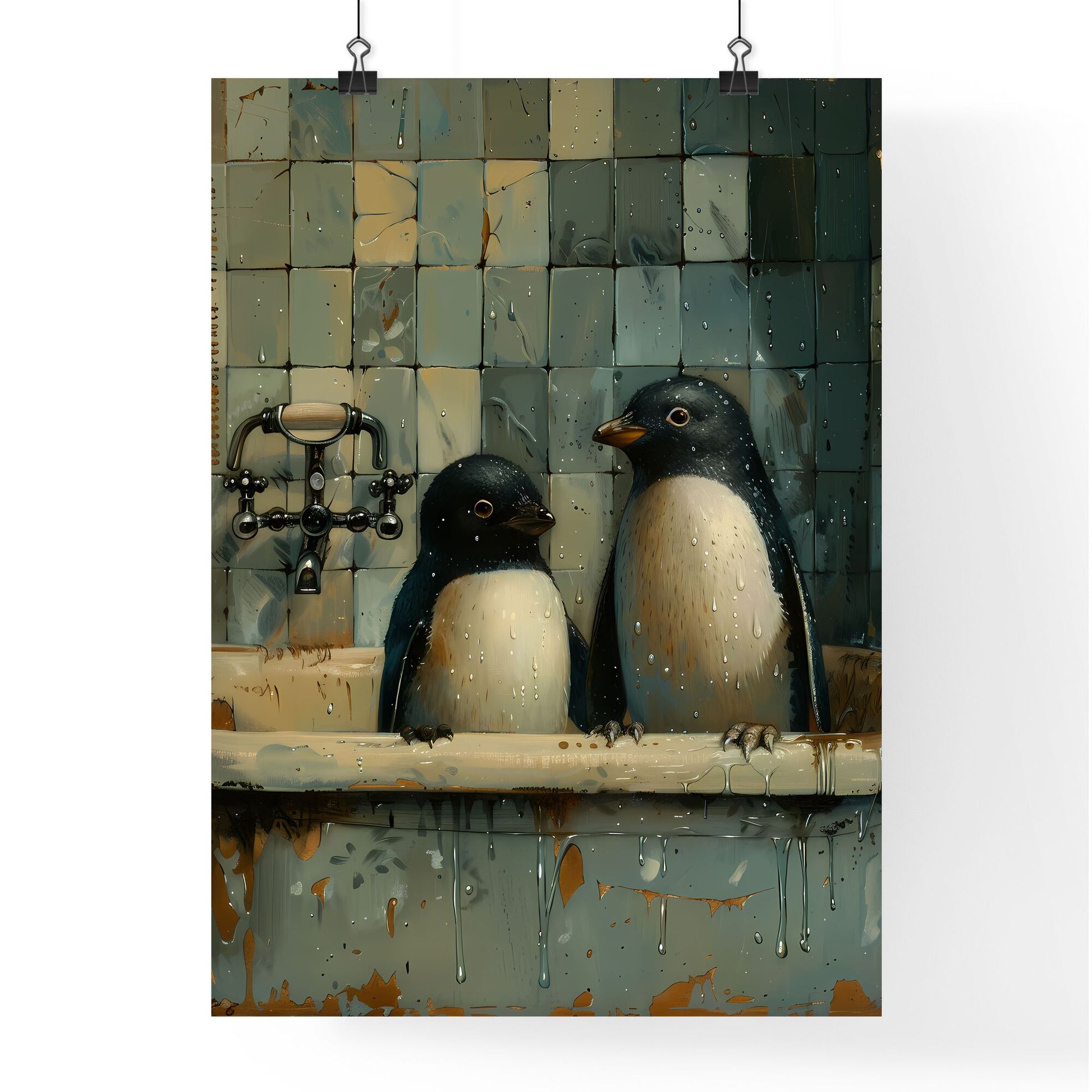 Wo penguins jump in a bathtub playing with each other, a storybook illustration, featured on cg society, art photography, whimsical, behance hd, storybook illustration black and white vintage - two penguins in a bathtub Default Title